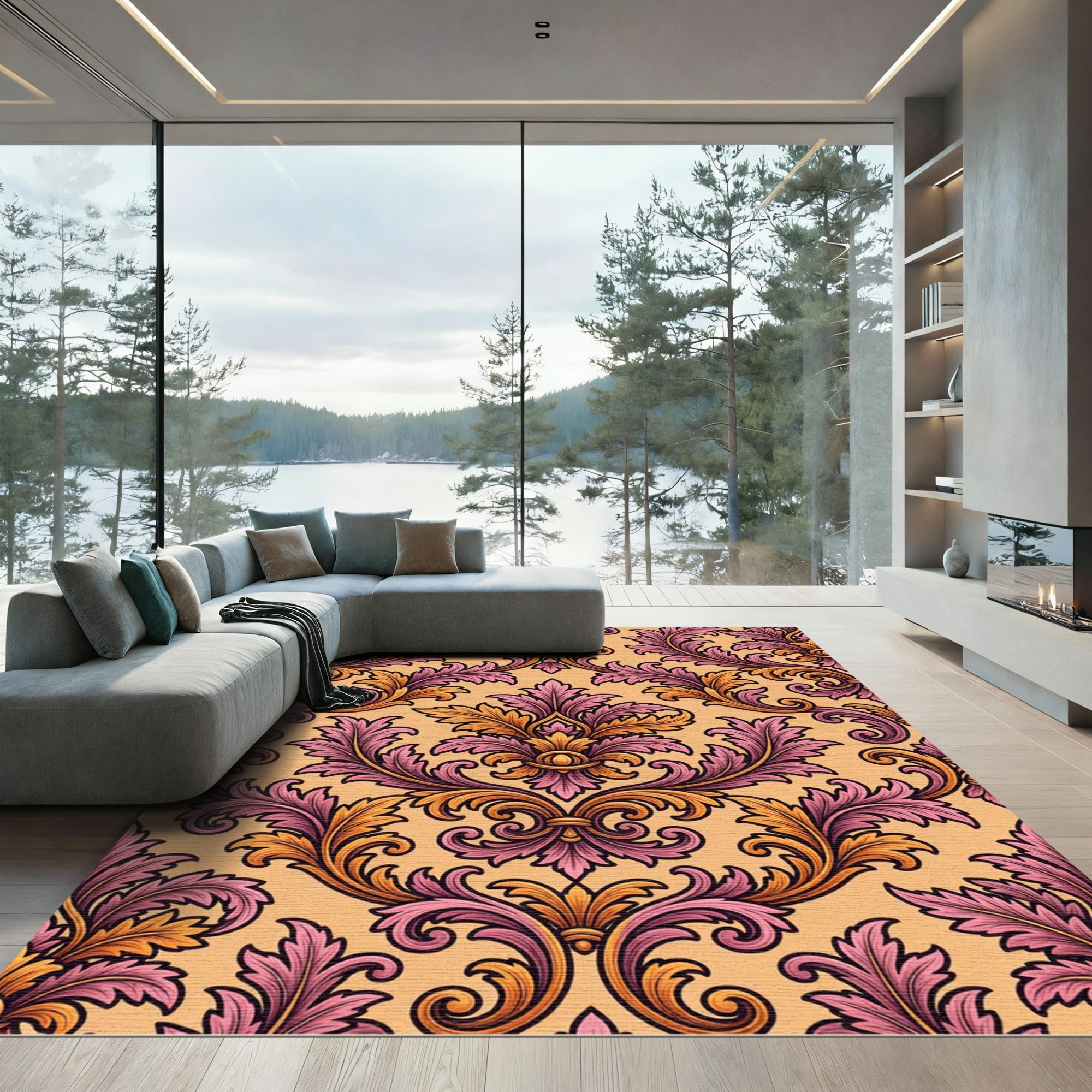 Ornate Peach and Plum Damask Scroll Rug