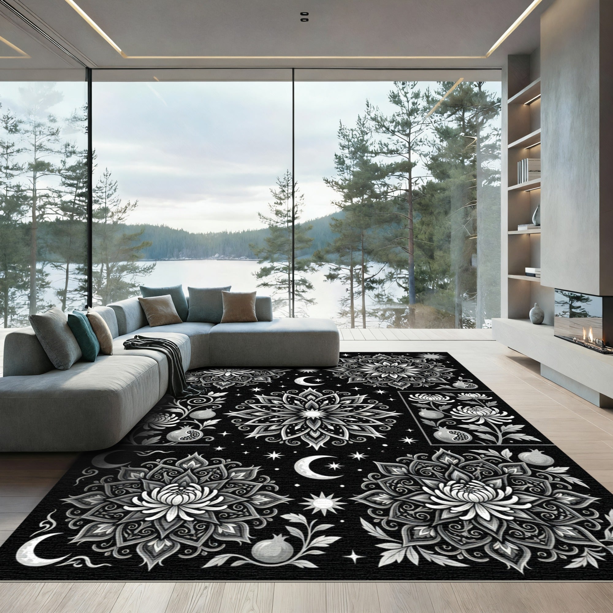 Celestial Chrysanthemum Pomegranate Mandala Rug