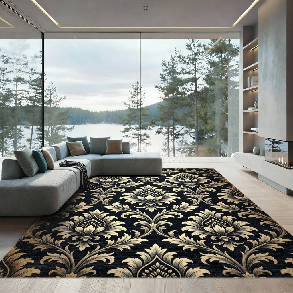 Vintage Black Damask Floral Swirl Rug