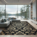 Vintage Black Damask Floral Swirl Rug