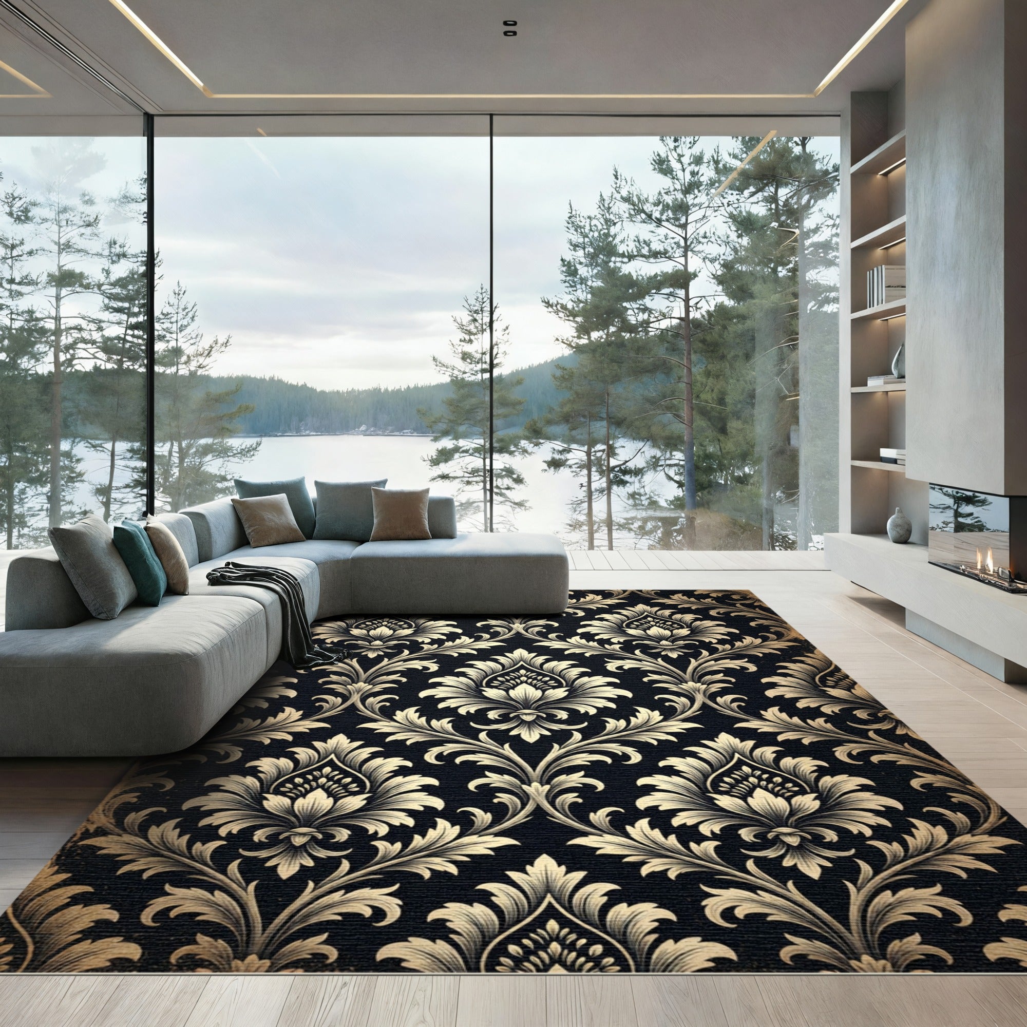 Vintage Black Damask Floral Swirl Rug