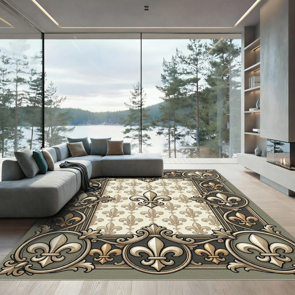 Ornate Golden Fleur-de-lis Frame Rug