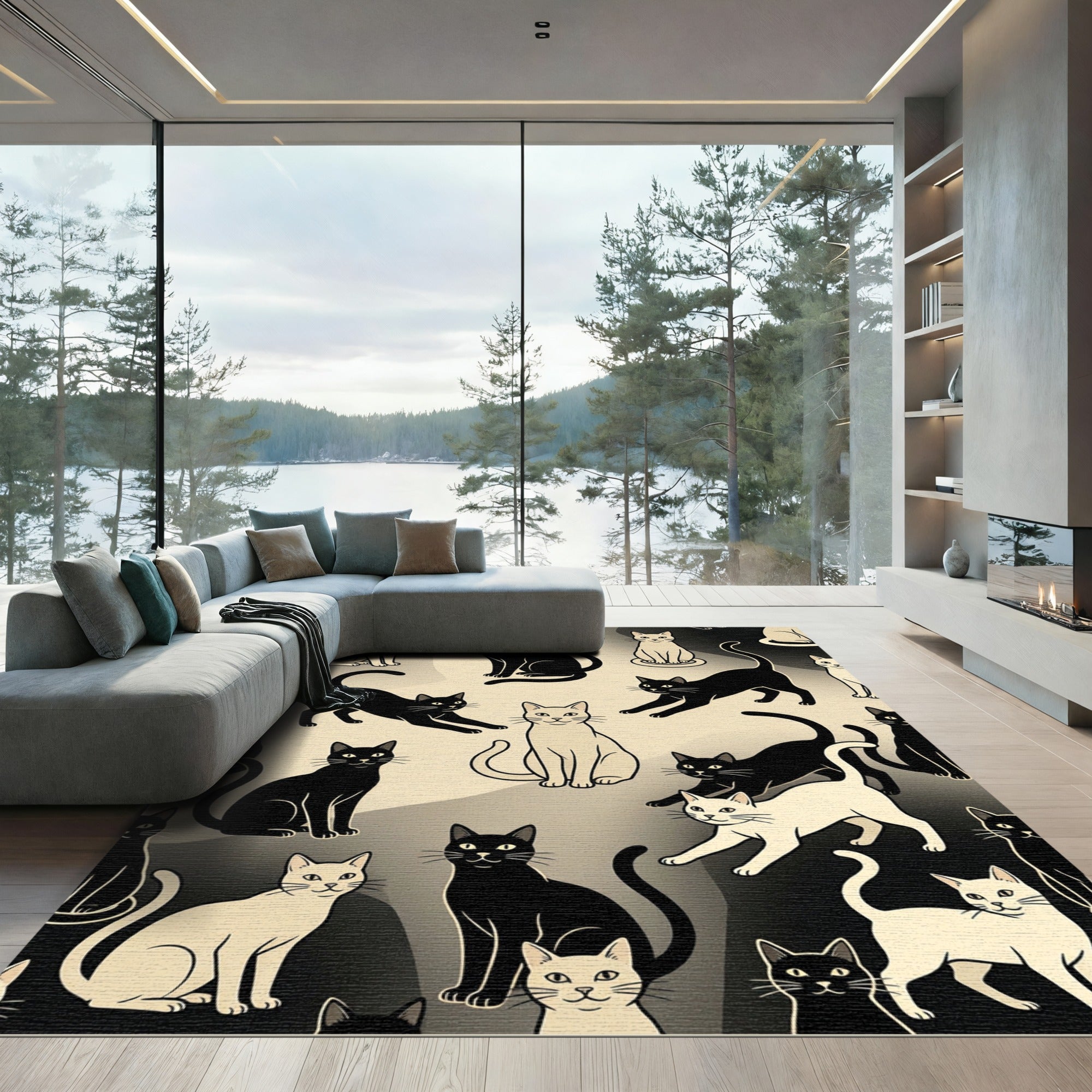 Minimalist Black and White Cat Illustration Rug