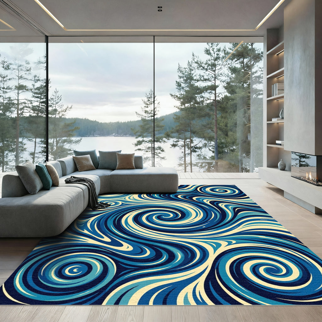 Swirling Blue Cream Oceanic Waves Rug