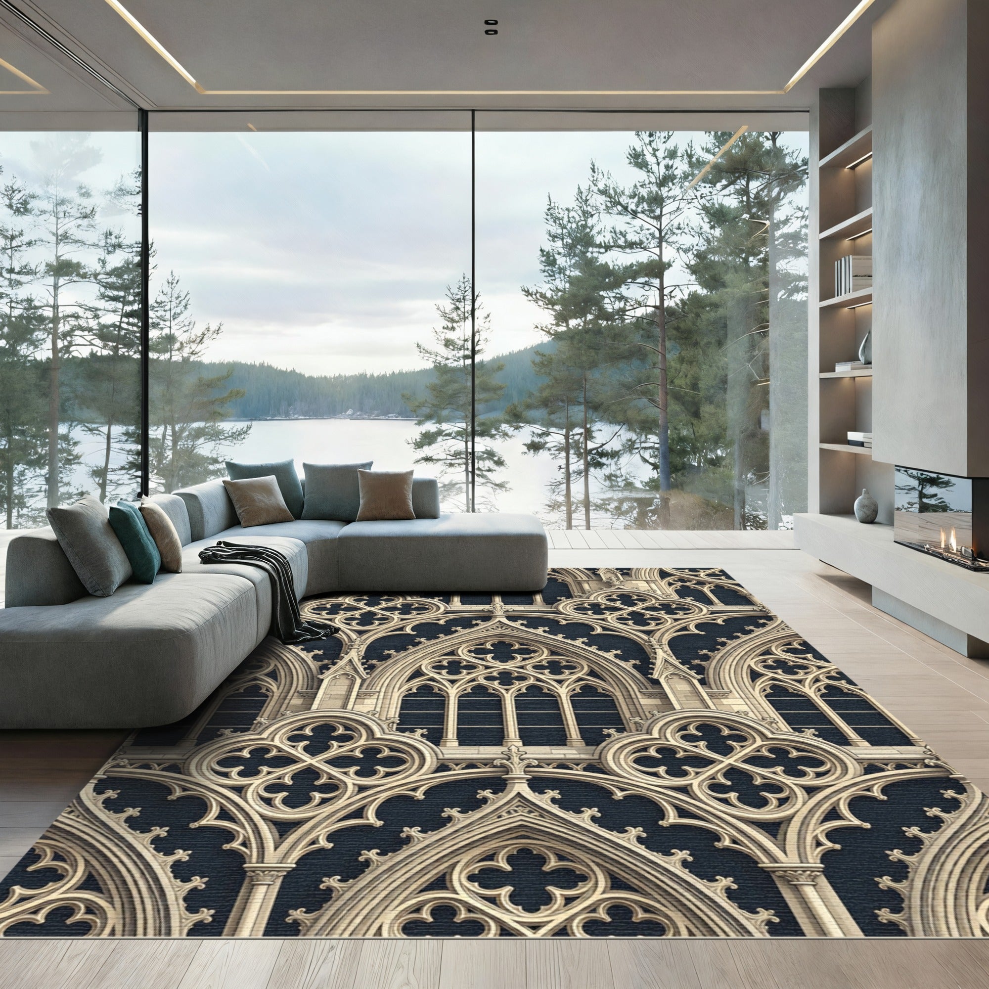 Ornate Gothic Arches Cream Blue Rug