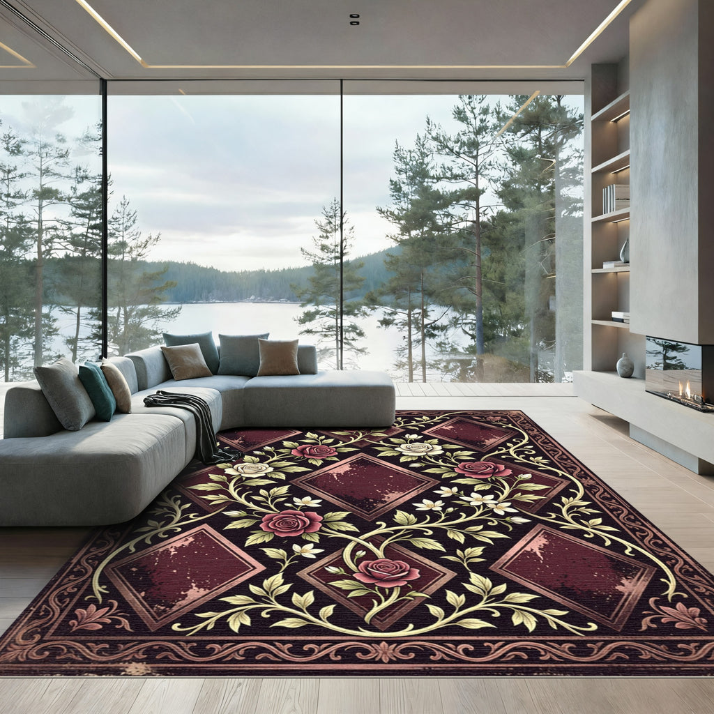 Elegant Crimson Rose Diamond Botanical Rug