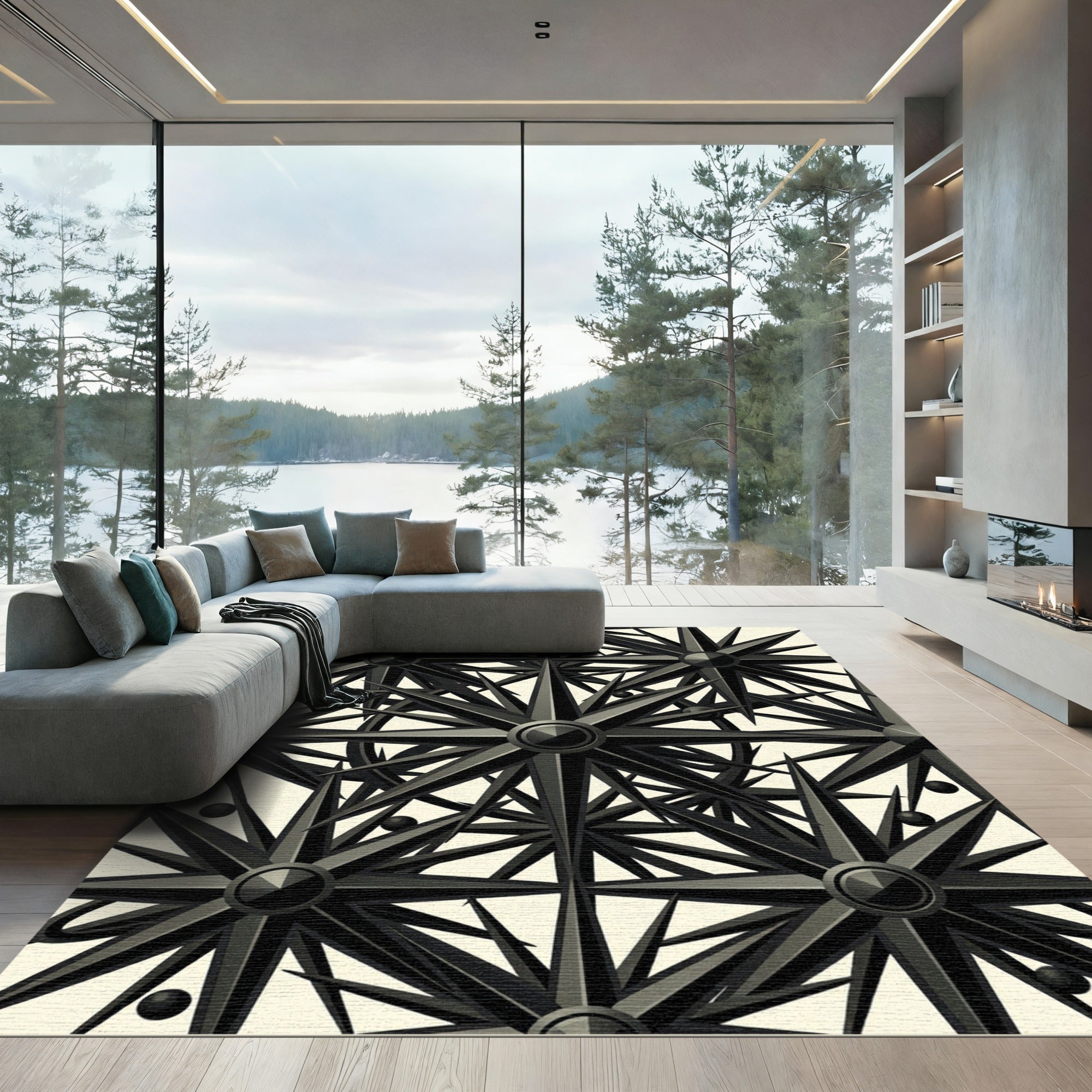 Monochrome Starburst Compass Arrangement Rug