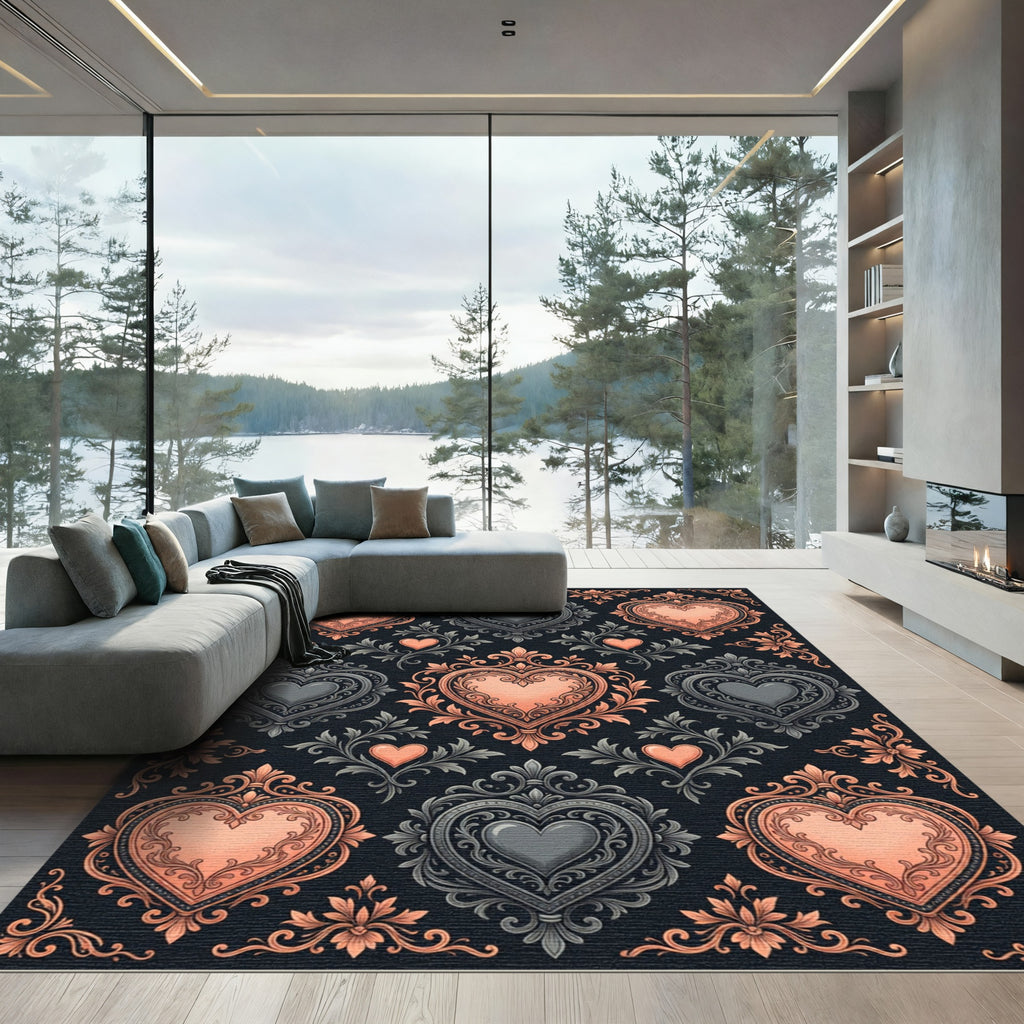 Ornate Rose Gold Gray Heart Medallions Rug