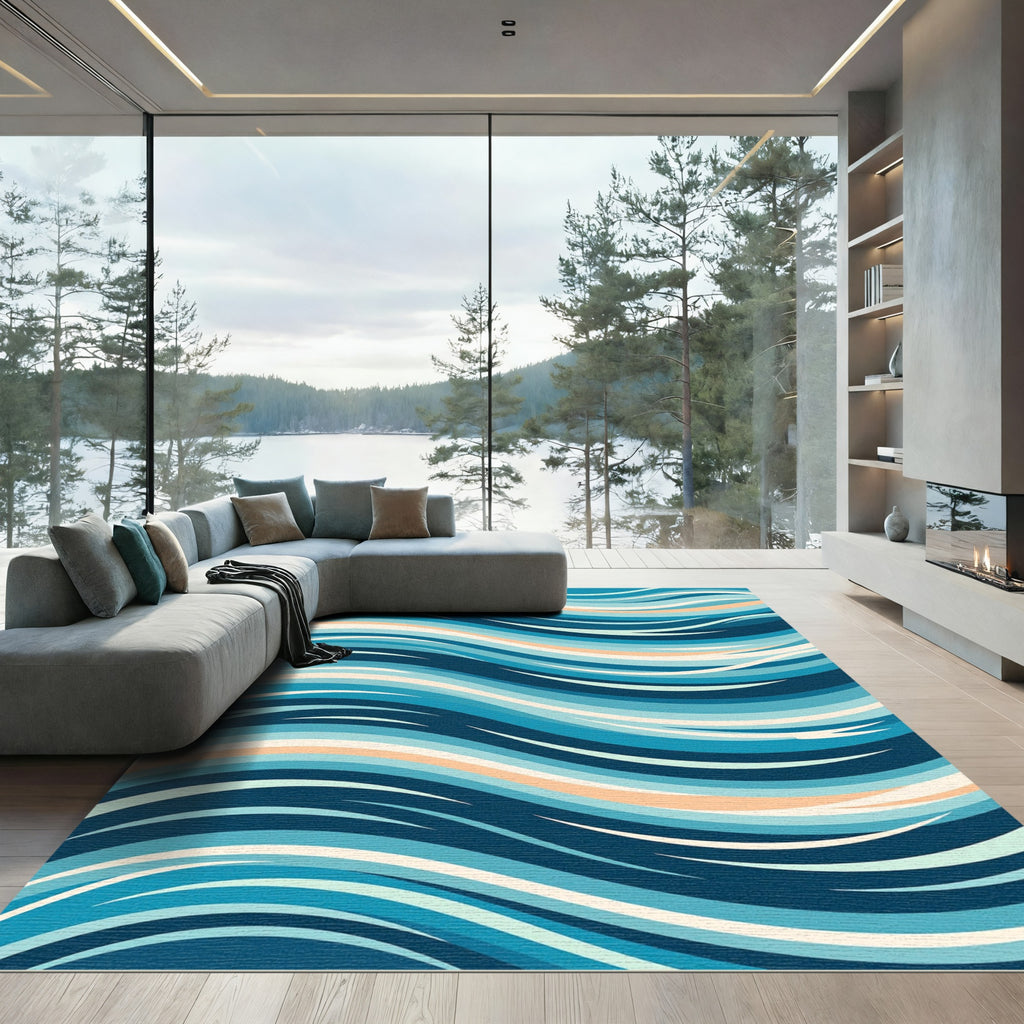 Coastal Blue Wavy Stripe Rug