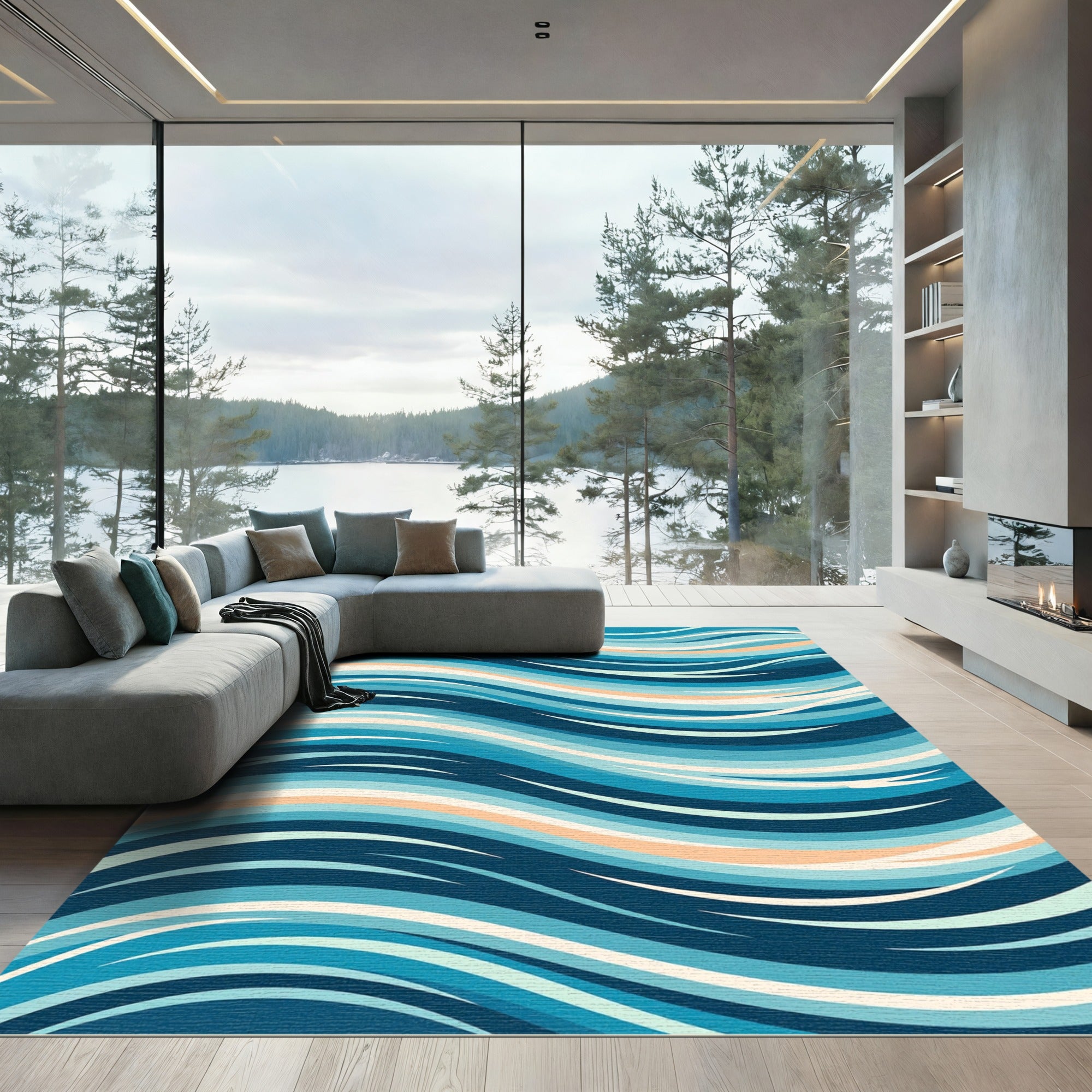 Coastal Blue Wavy Stripe Rug