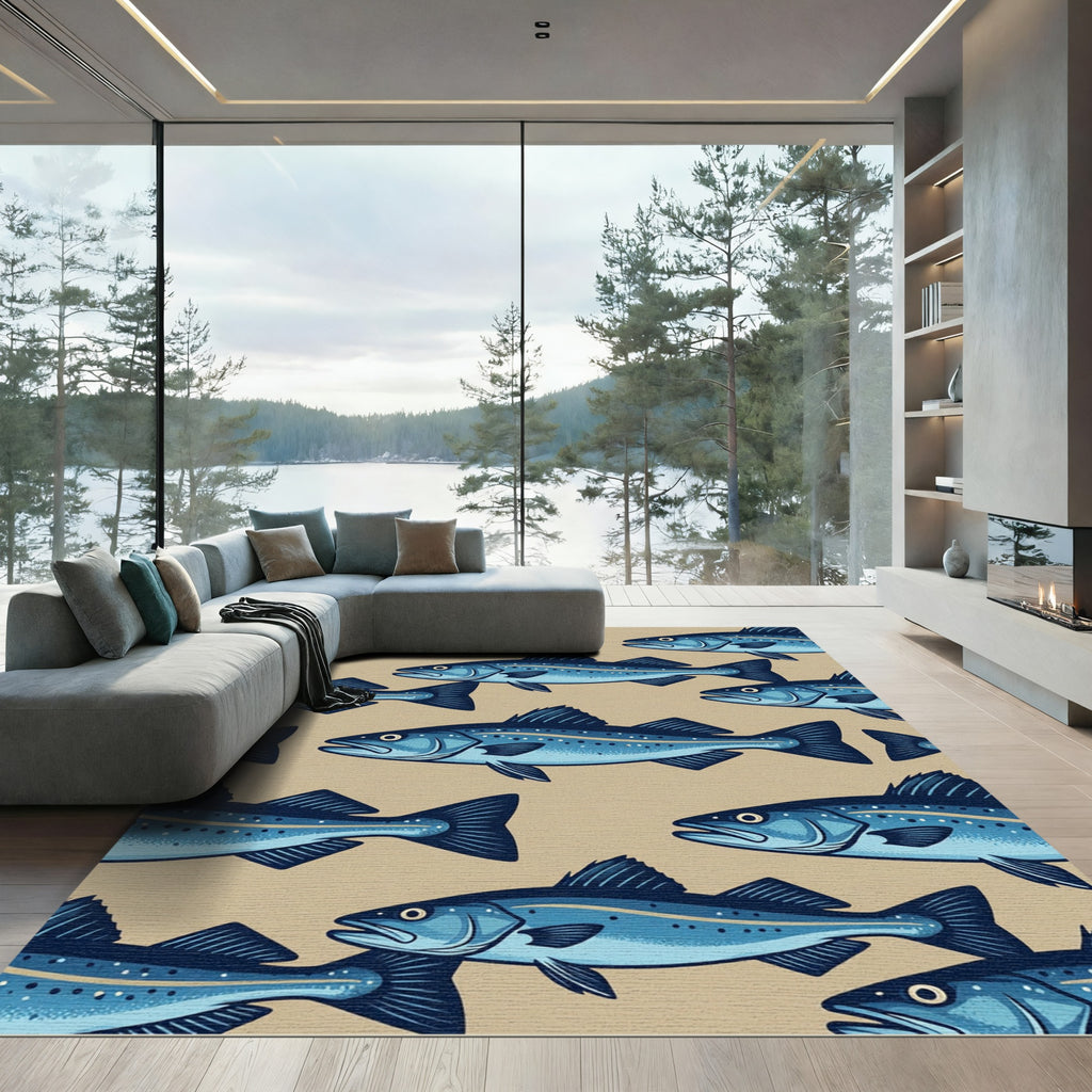 Blue Speckled Saltwater Fish Illustration Rug