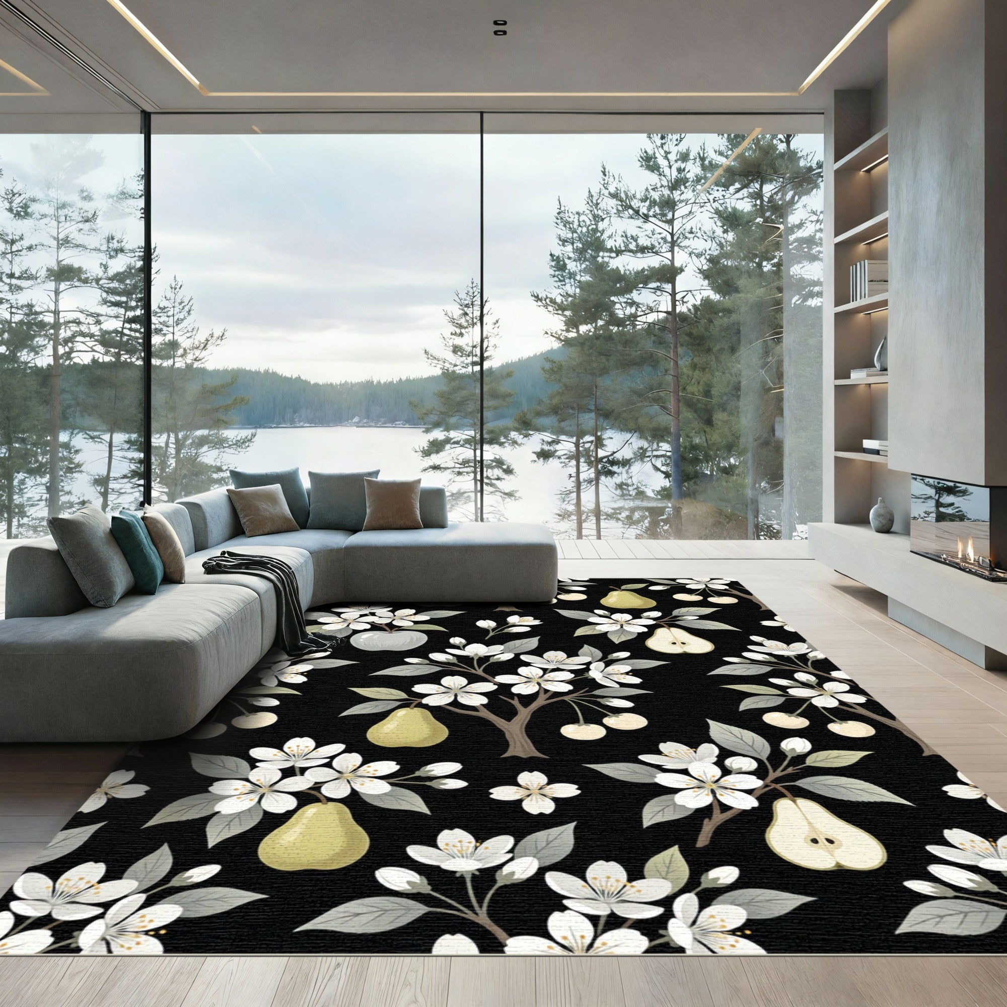 Botanical Pear and Apple Blossom Illustration Rug