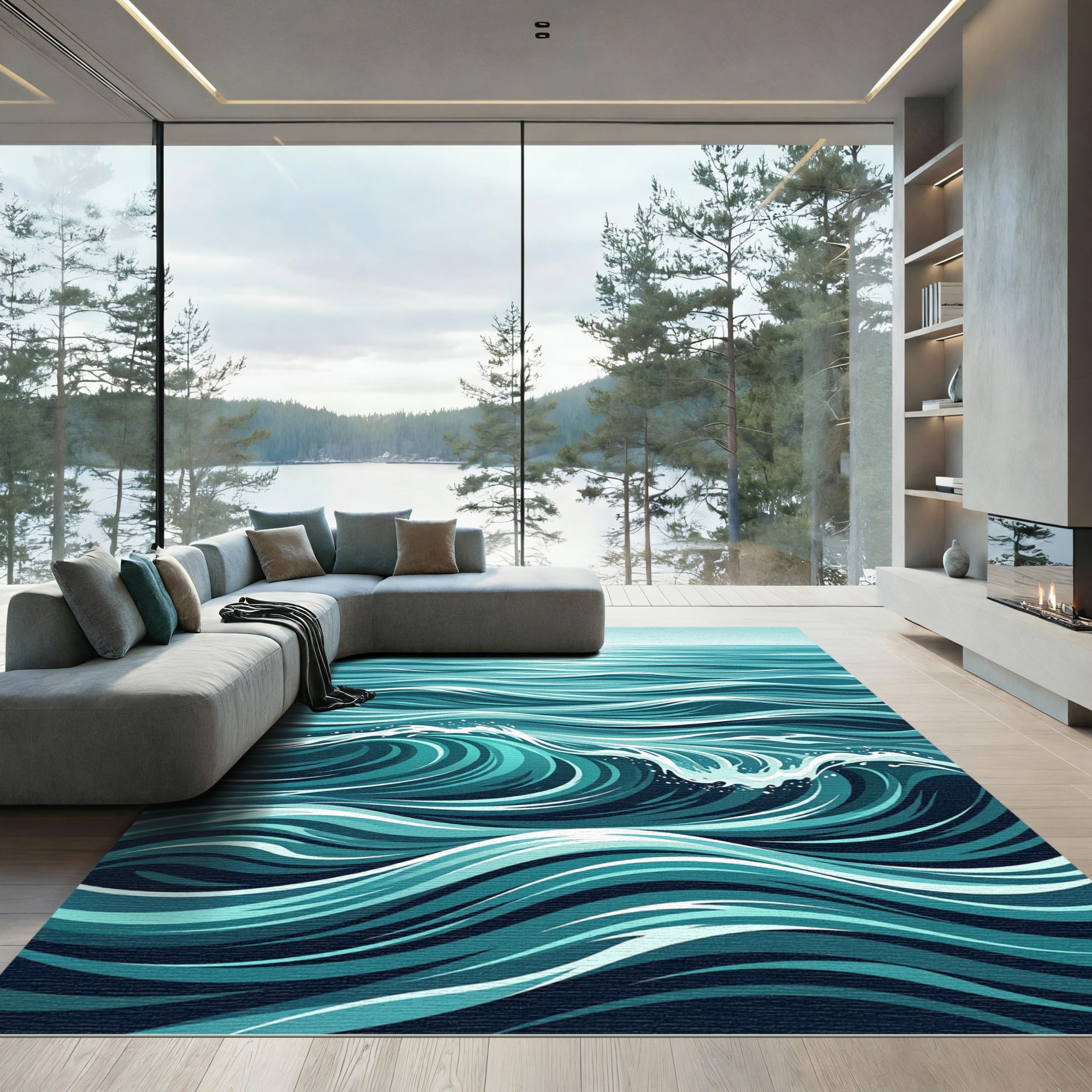 Dynamic Turquoise Swirling Ocean Wave Rug