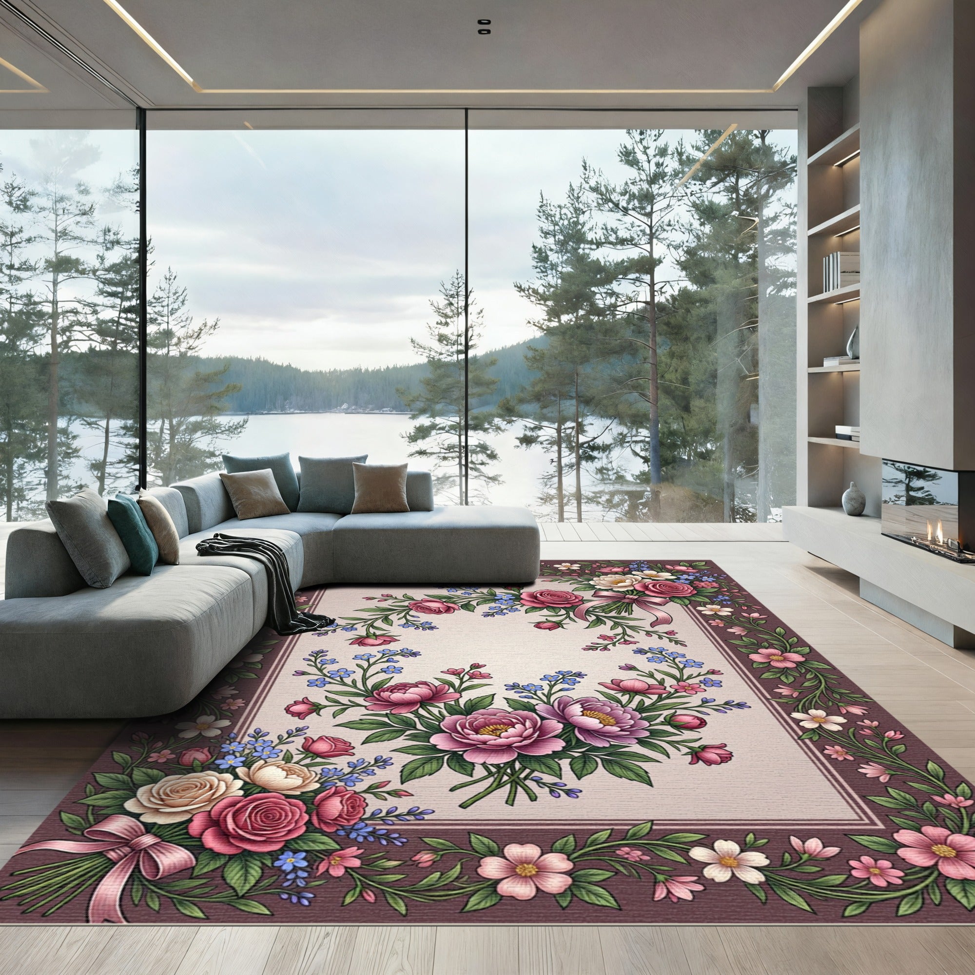 Pink Rose and Peony Floral Wreath Rug
