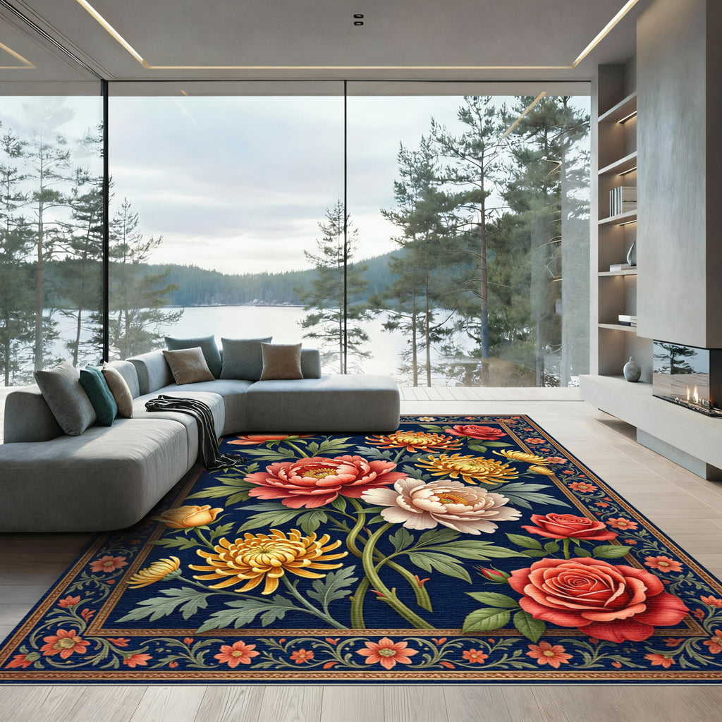 Elegant Navy Floral Bouquet Art Rug