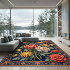 Elegant Navy Floral Bouquet Art Rug