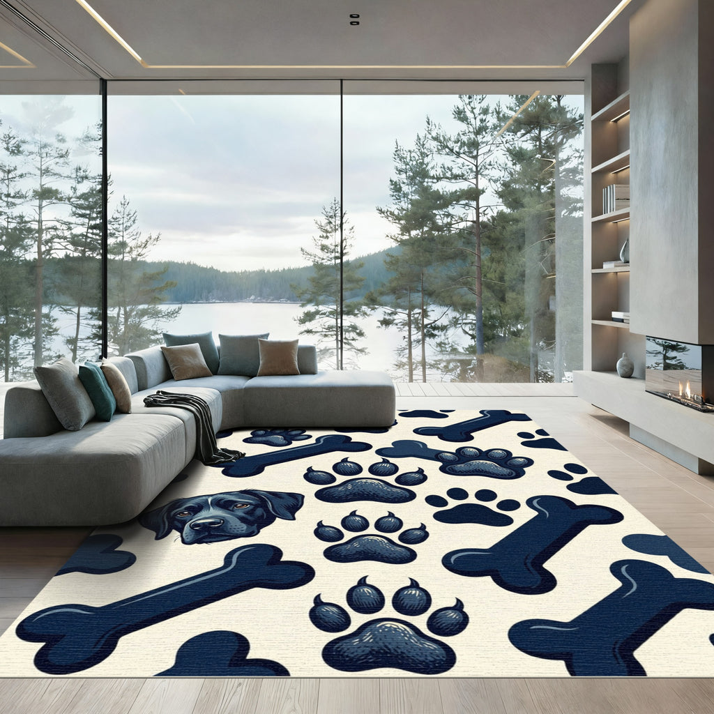 Playful Black Dog Paw and Bone Rug