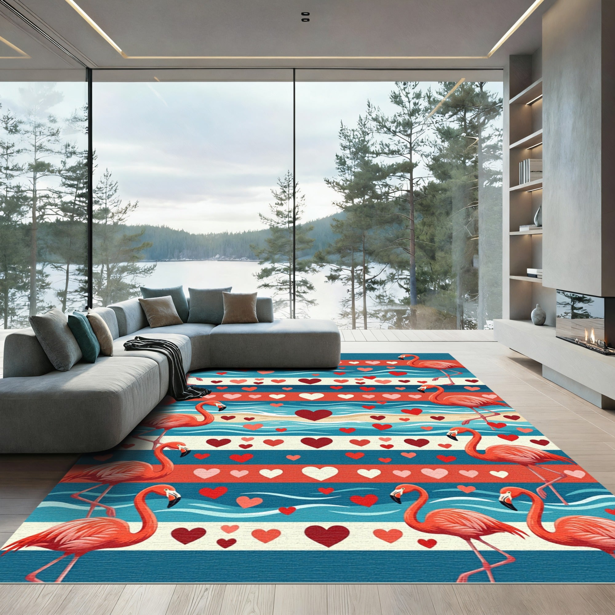 Coral Flamingos Red Heart Beach Waves Rug