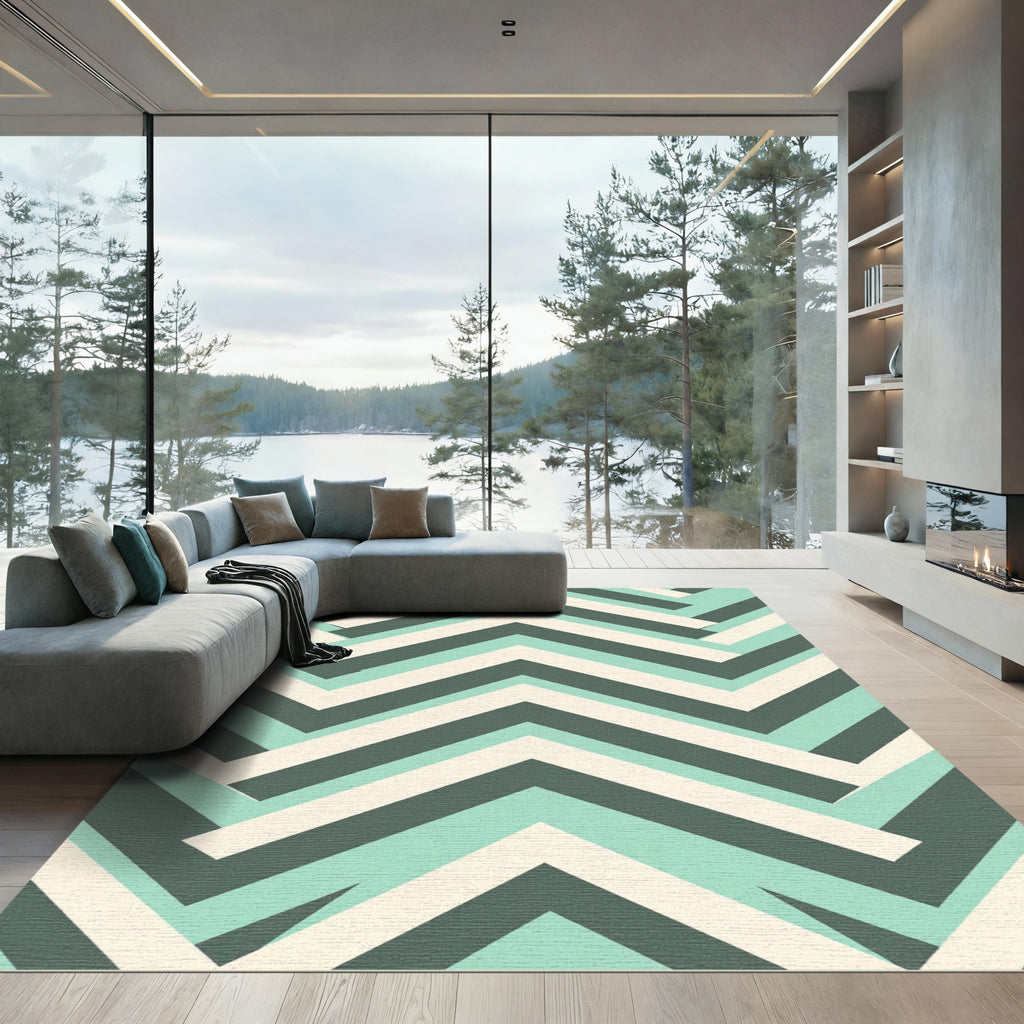 Modern Mint and Charcoal Chevron Stripe Rug