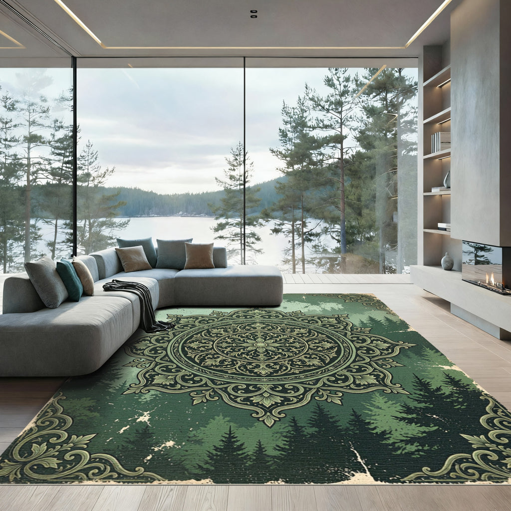 Forest Green Ornate Mandala Rug