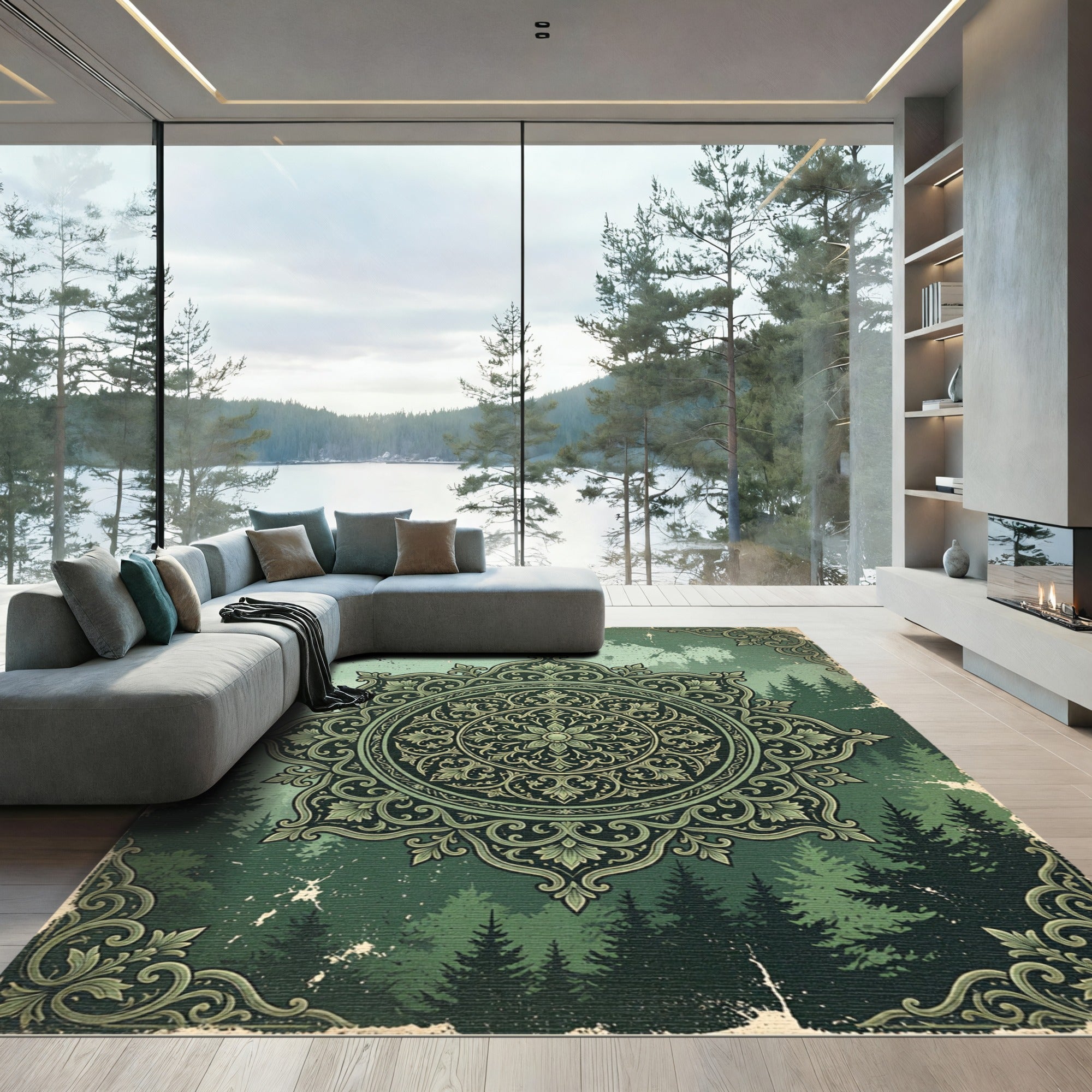 Forest Green Ornate Mandala Rug