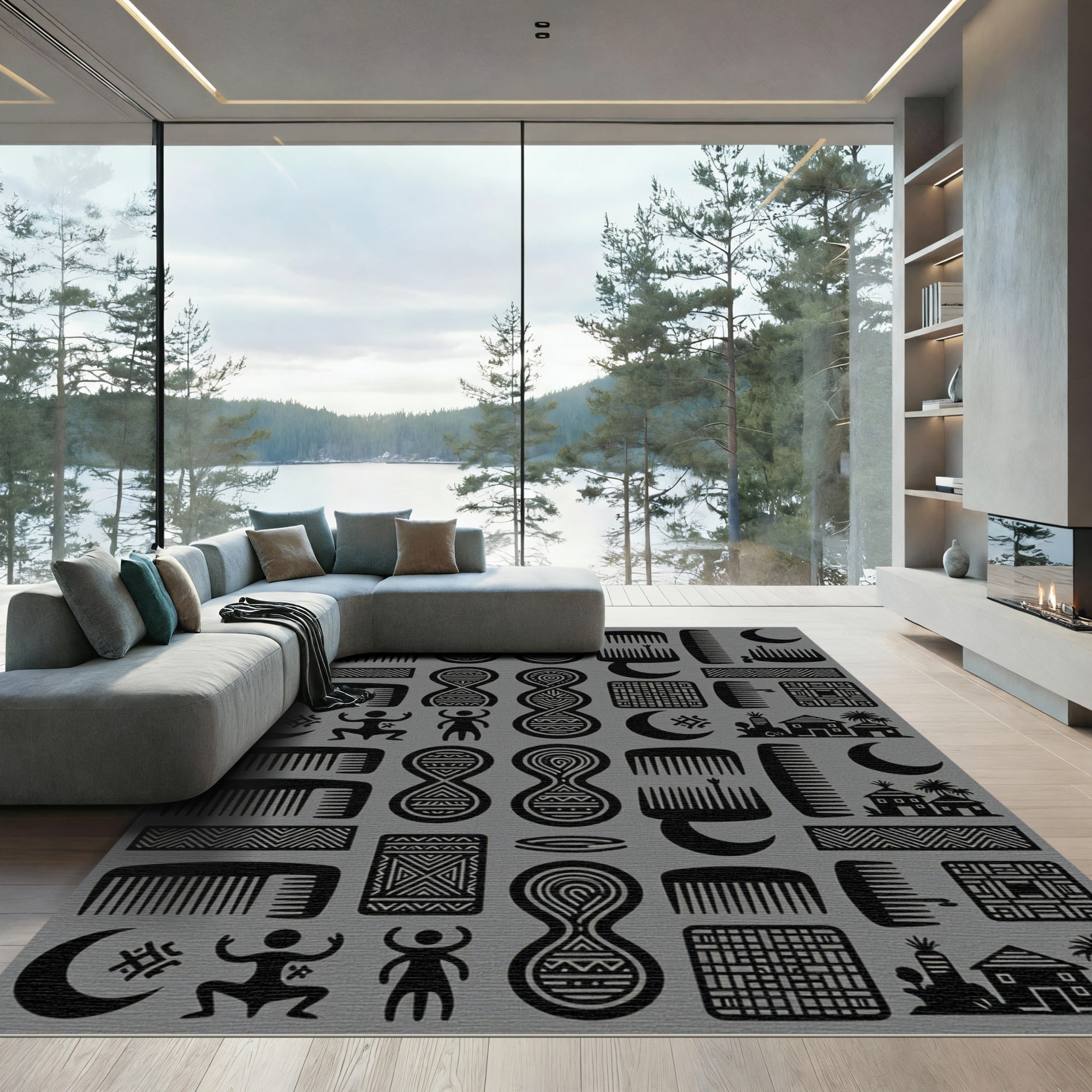 Tribal Black Comb Moon Village Repeat Rug
