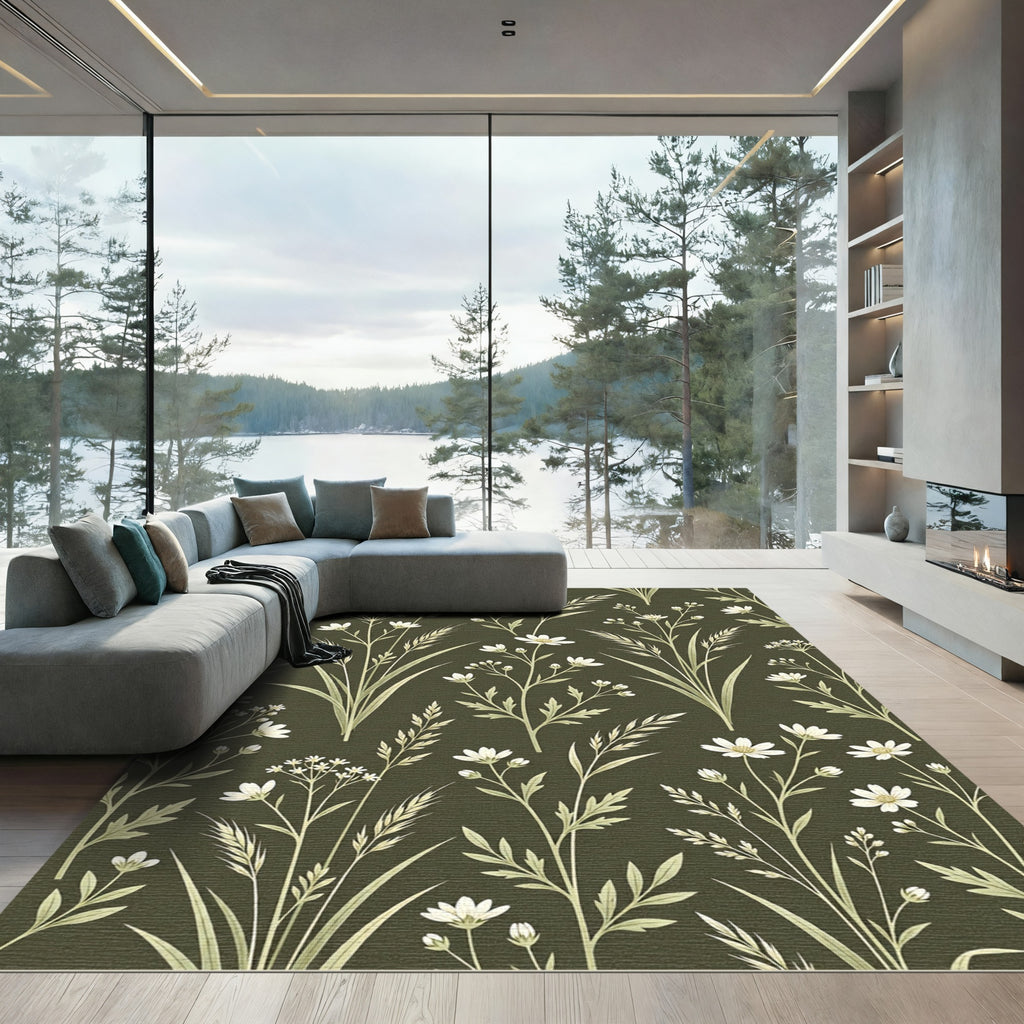 Pale Green Botanical Meadow Rug