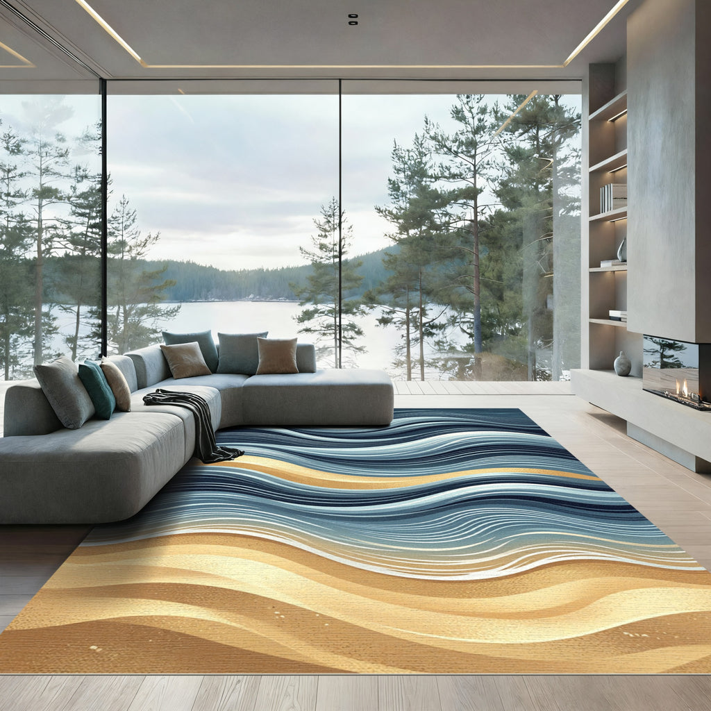 Fluid Gold and Navy Abstract Waves Rug