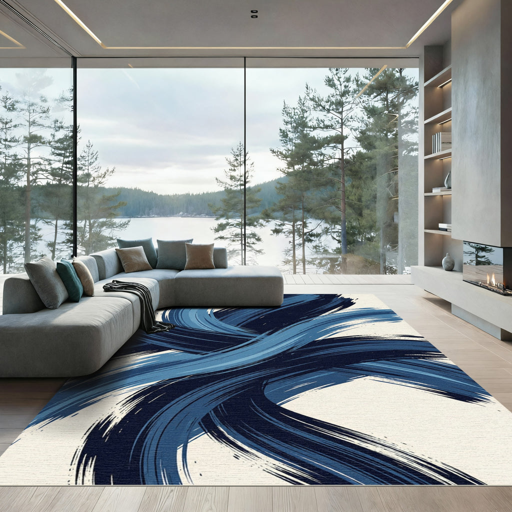 Modern Navy Blue Abstract Brushstrokes Rug