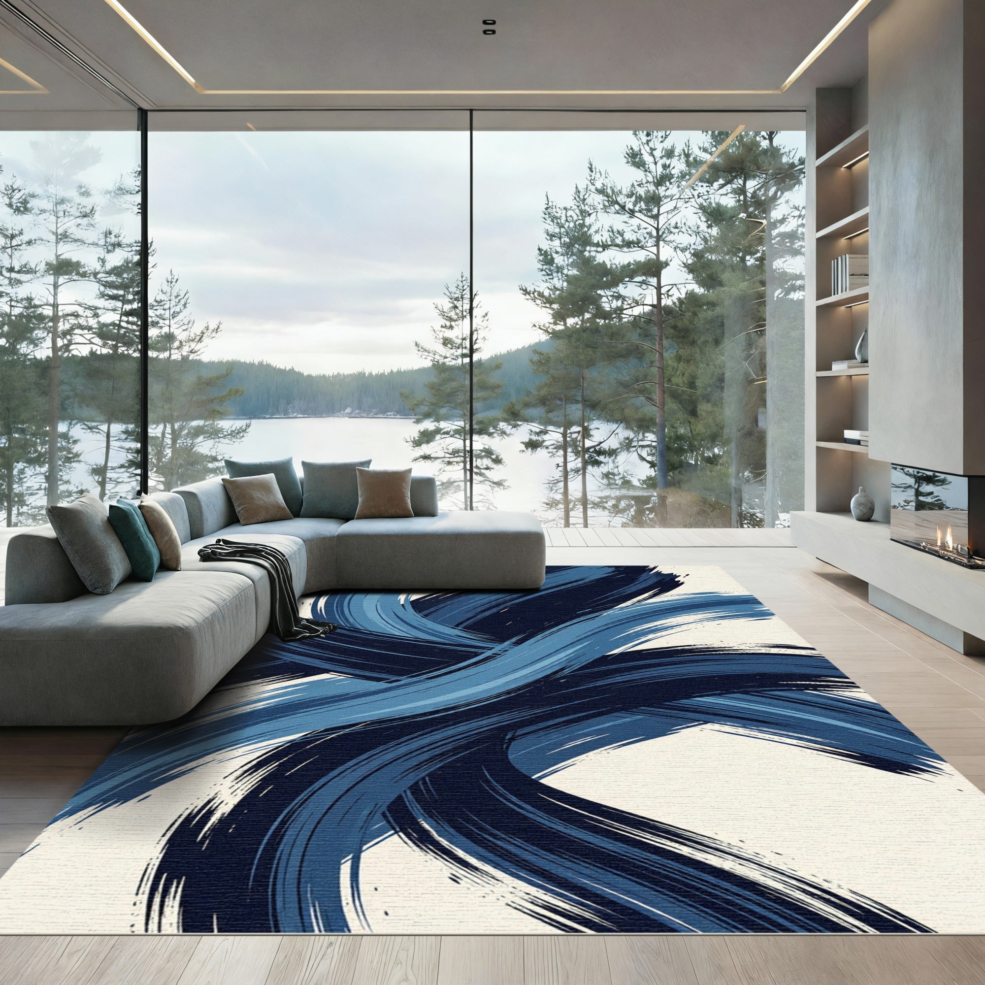 Modern Navy Blue Abstract Brushstrokes Rug
