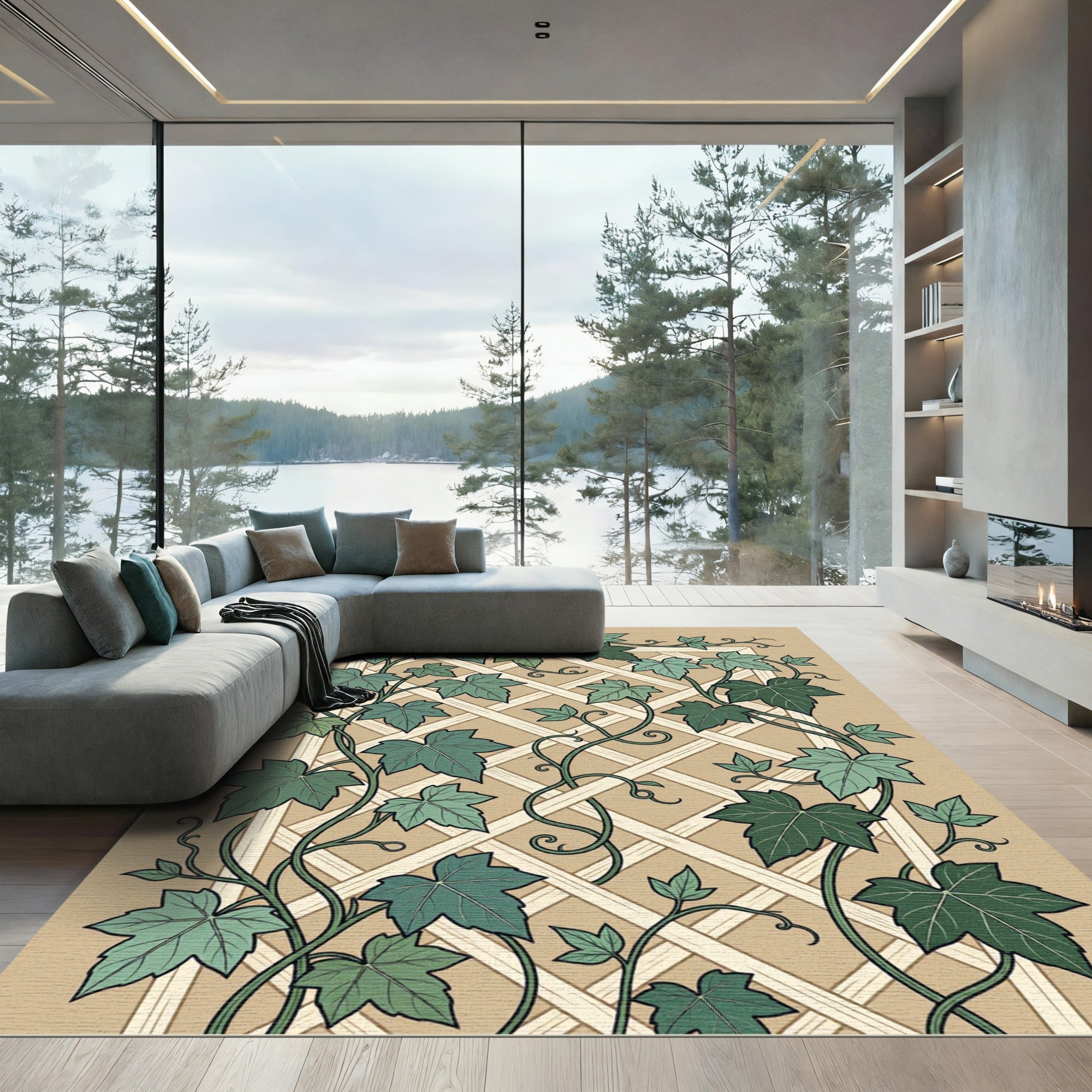 Sage Green Ivy Trellis Botanical Rug
