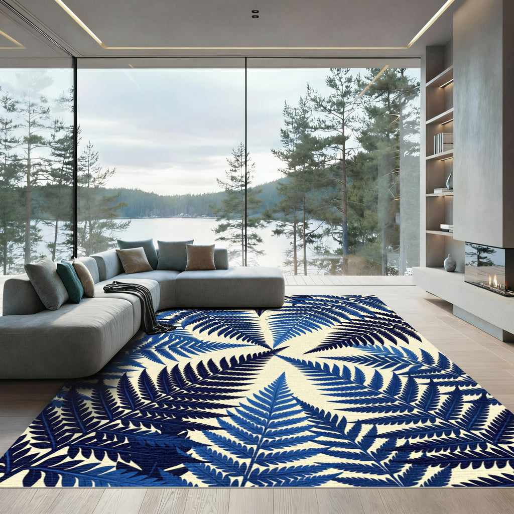 Deep Blue Fern Frond Radiating Rug