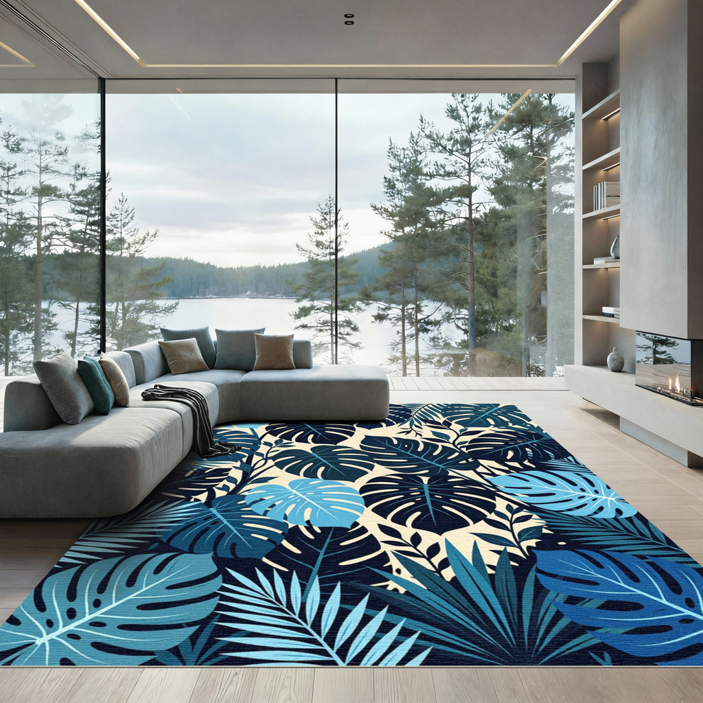 Tropical Leafy Blue And Beige Composition Rug