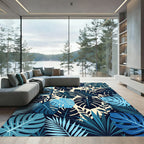 Tropical Leafy Blue And Beige Composition Rug