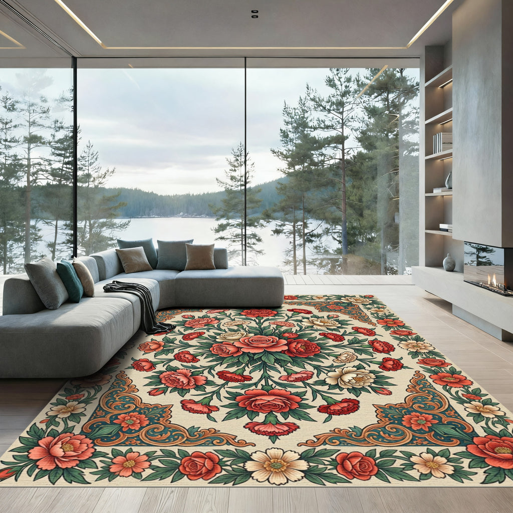 Coral Red Floral Burst Garden Rug