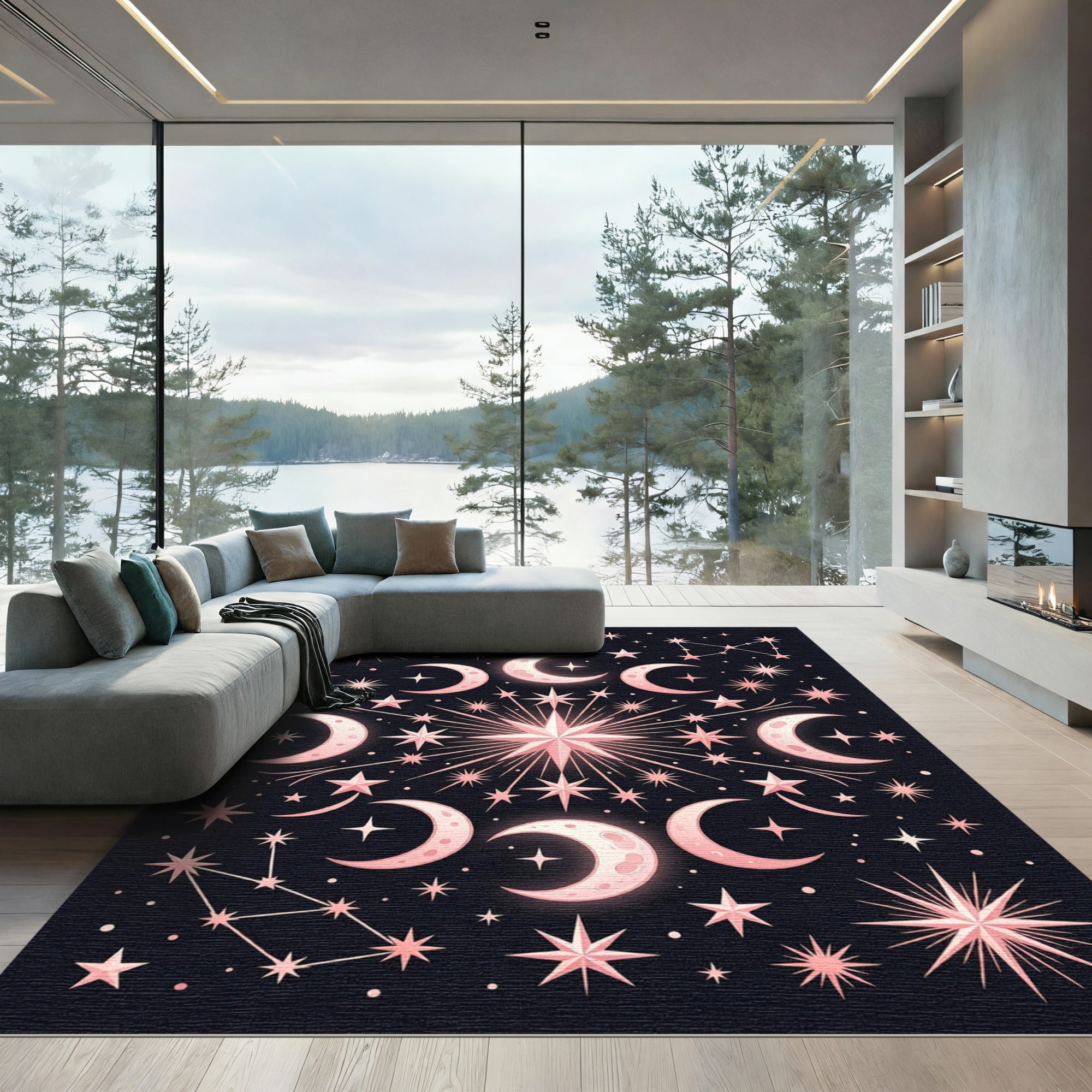 Pink Celestial Moon Stars Constellations Rug