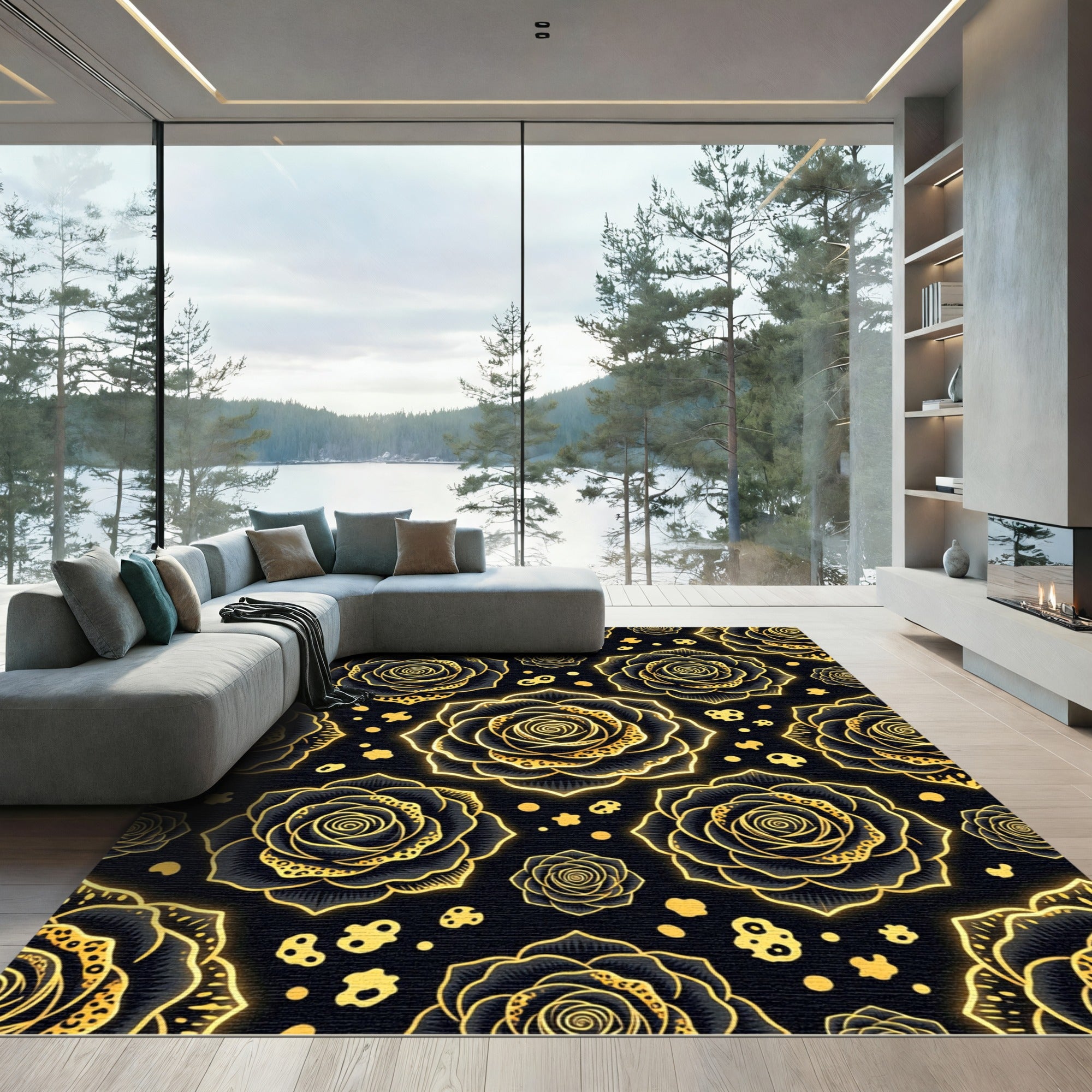 Gilded Black Rose Floral Arrangement Rug