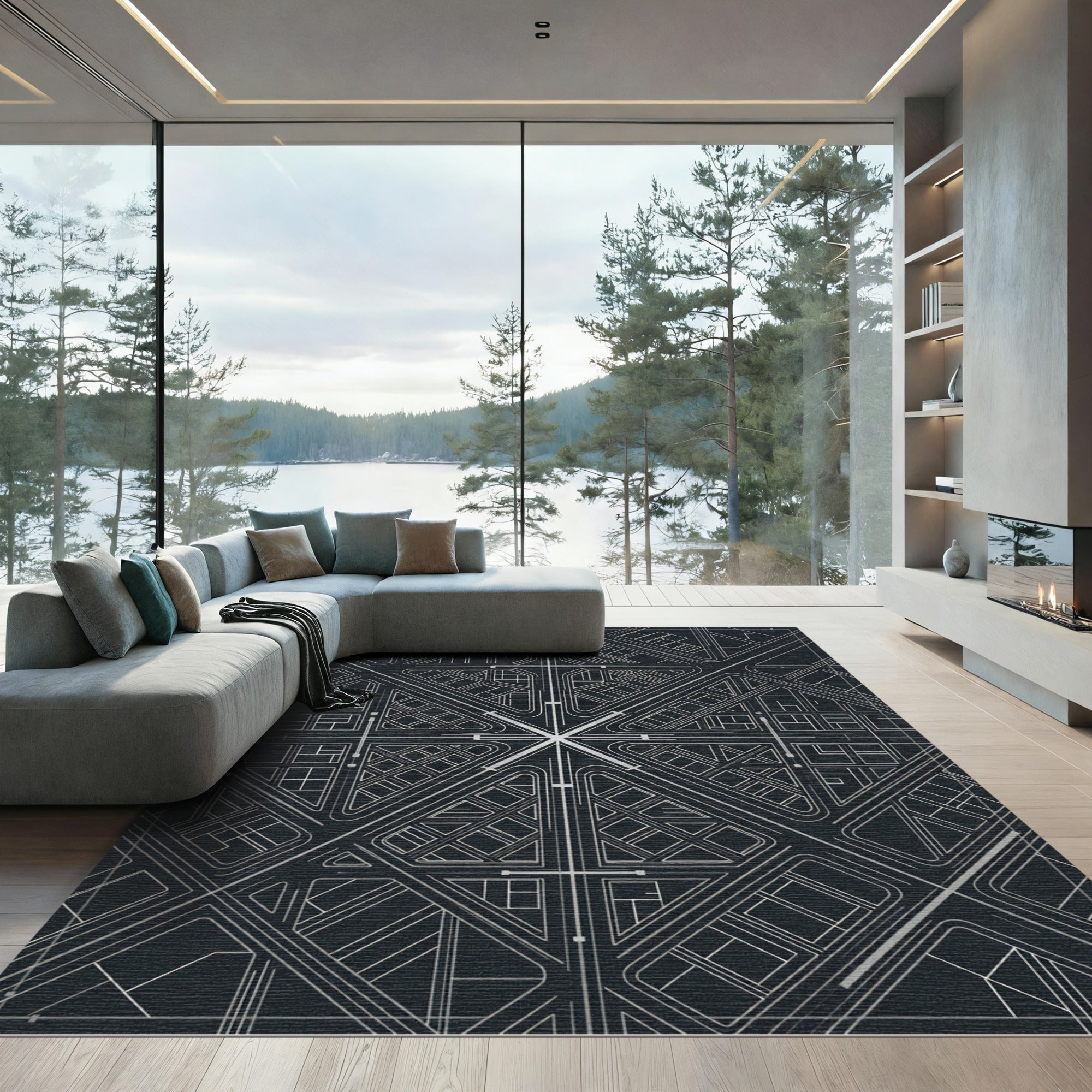 Art Deco Gray Cityscape Graphic Rug