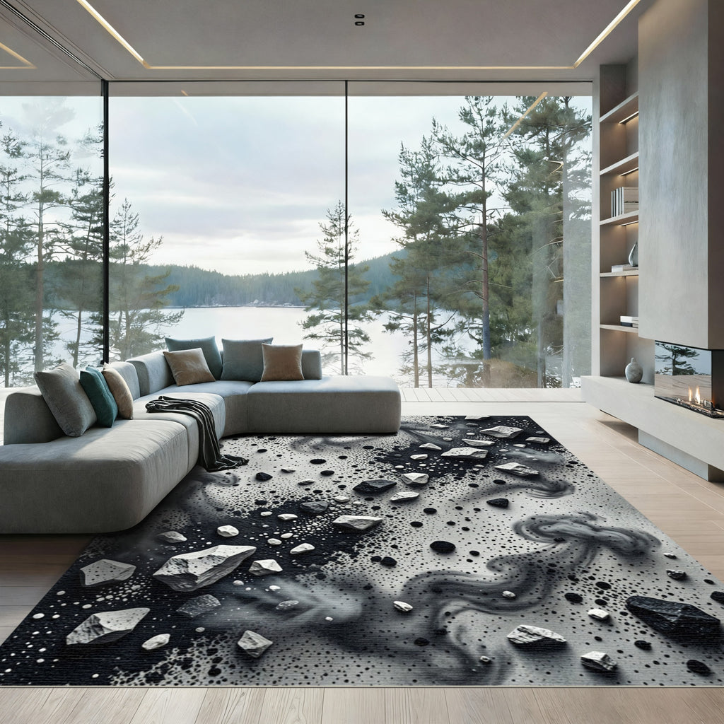Monochrome Abstract Smoke and Stone Art Rug