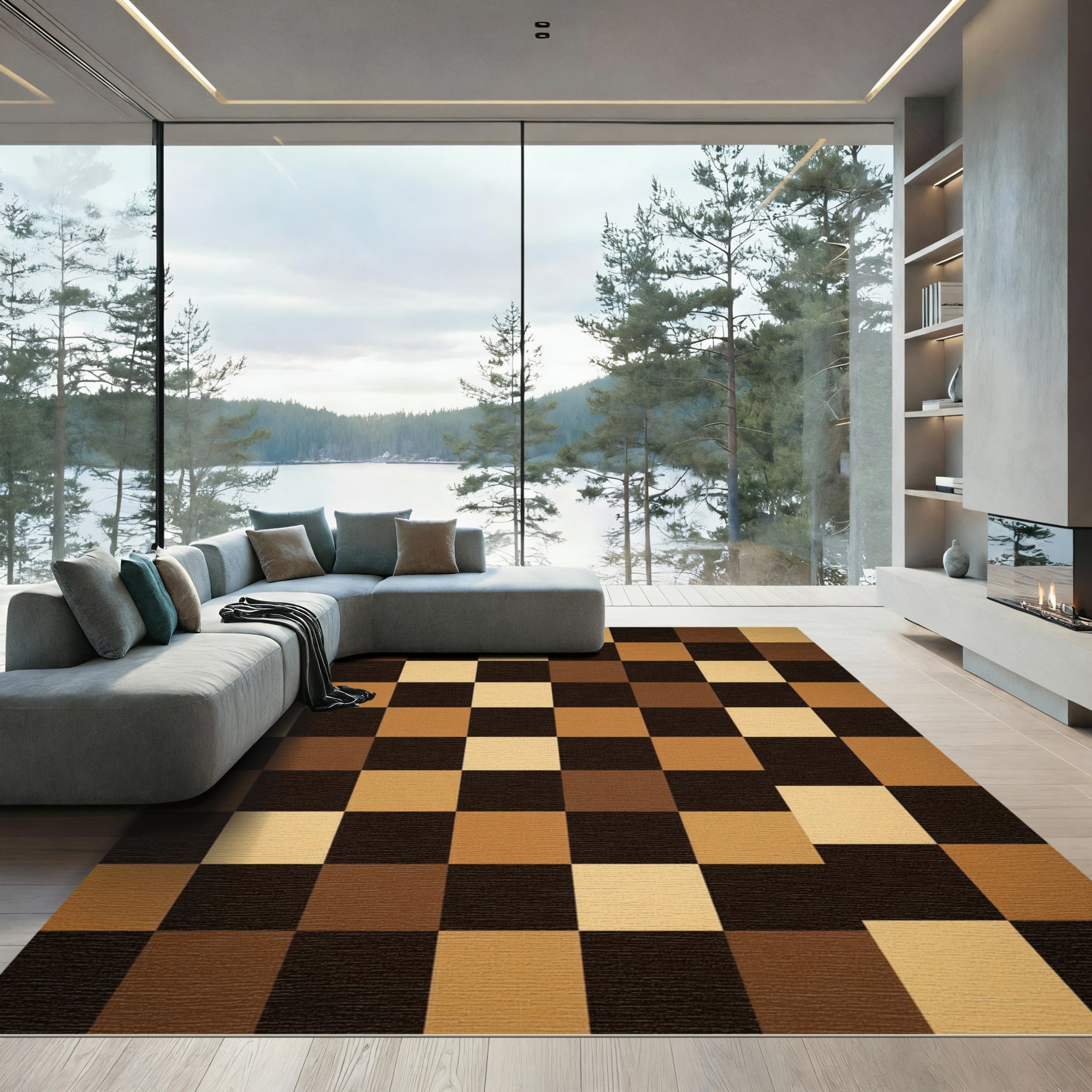 Earthy Brown Checkerboard Squares Rug