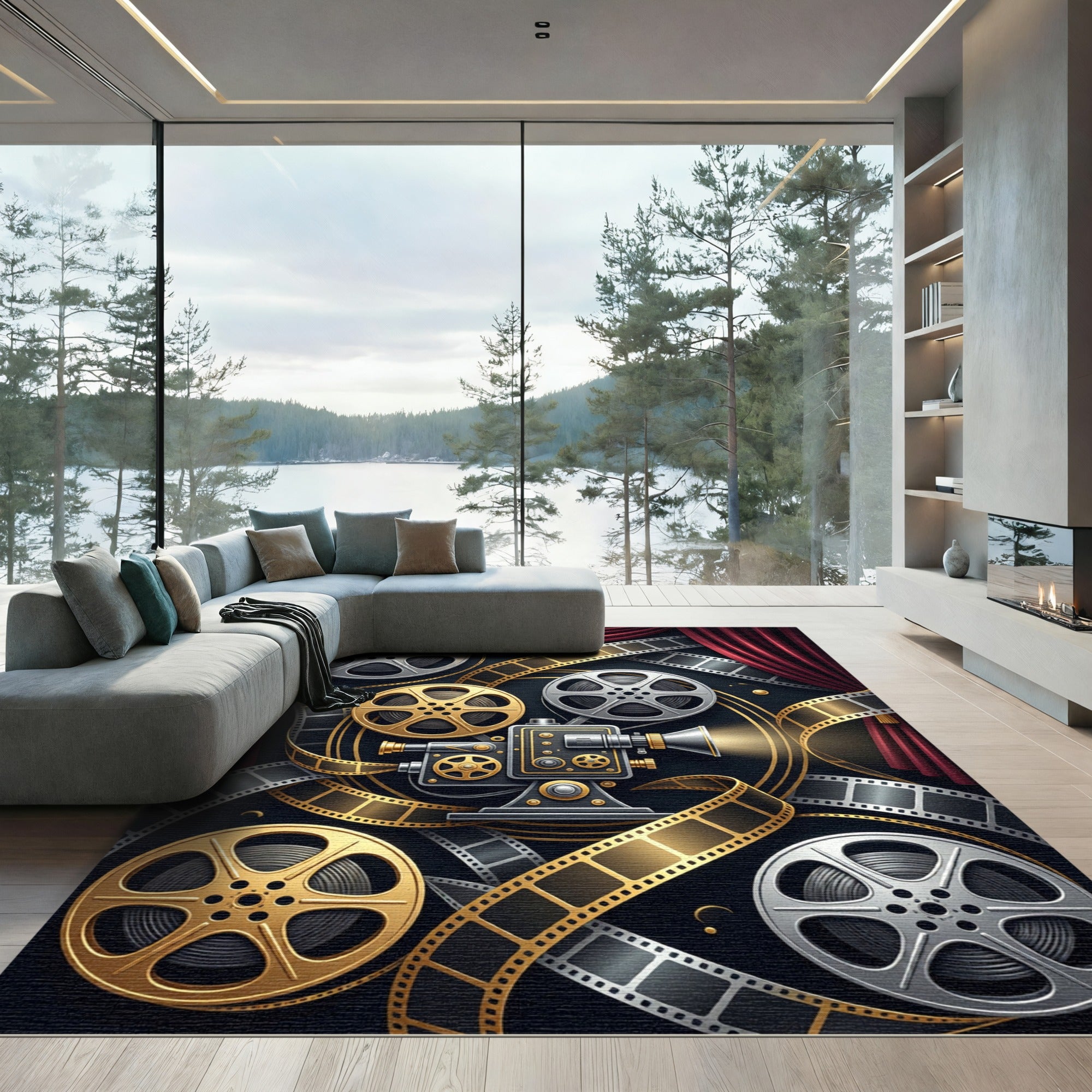Cinematic Gold Film Reel Vintage Decor Rug
