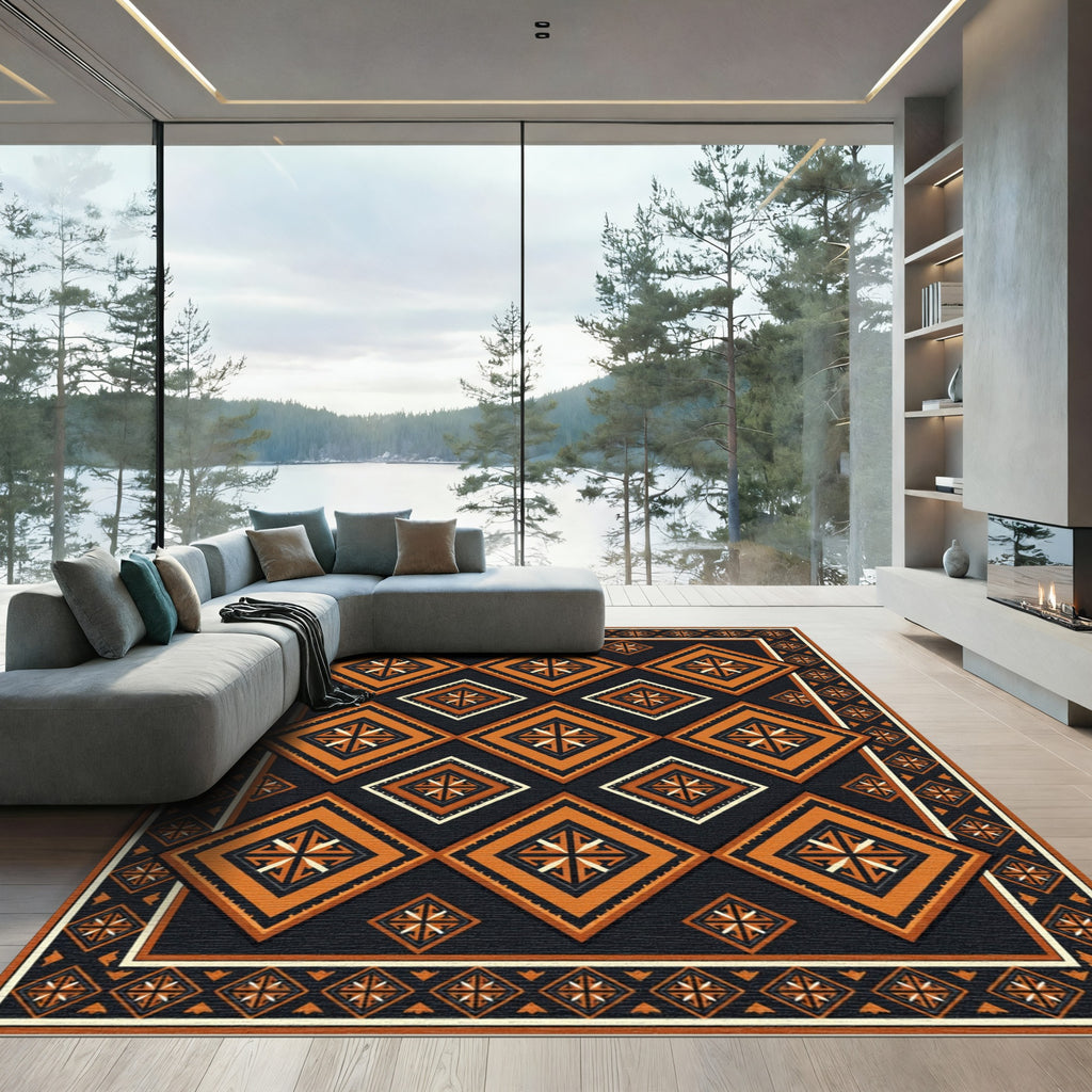 Geometric Ochre and Charcoal Diamond Art Rug