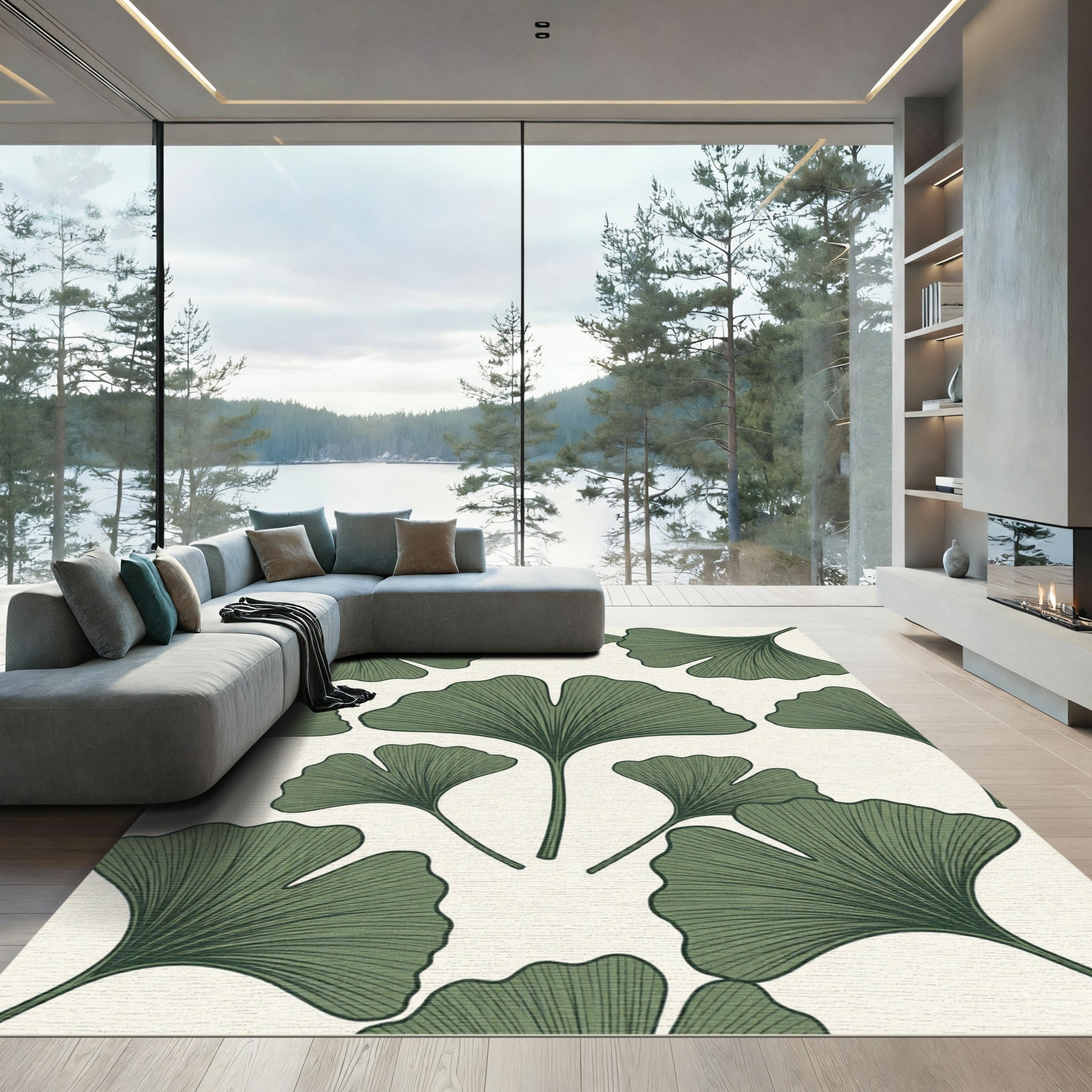 Botanical Sage Ginkgo Leaf Illustration Rug