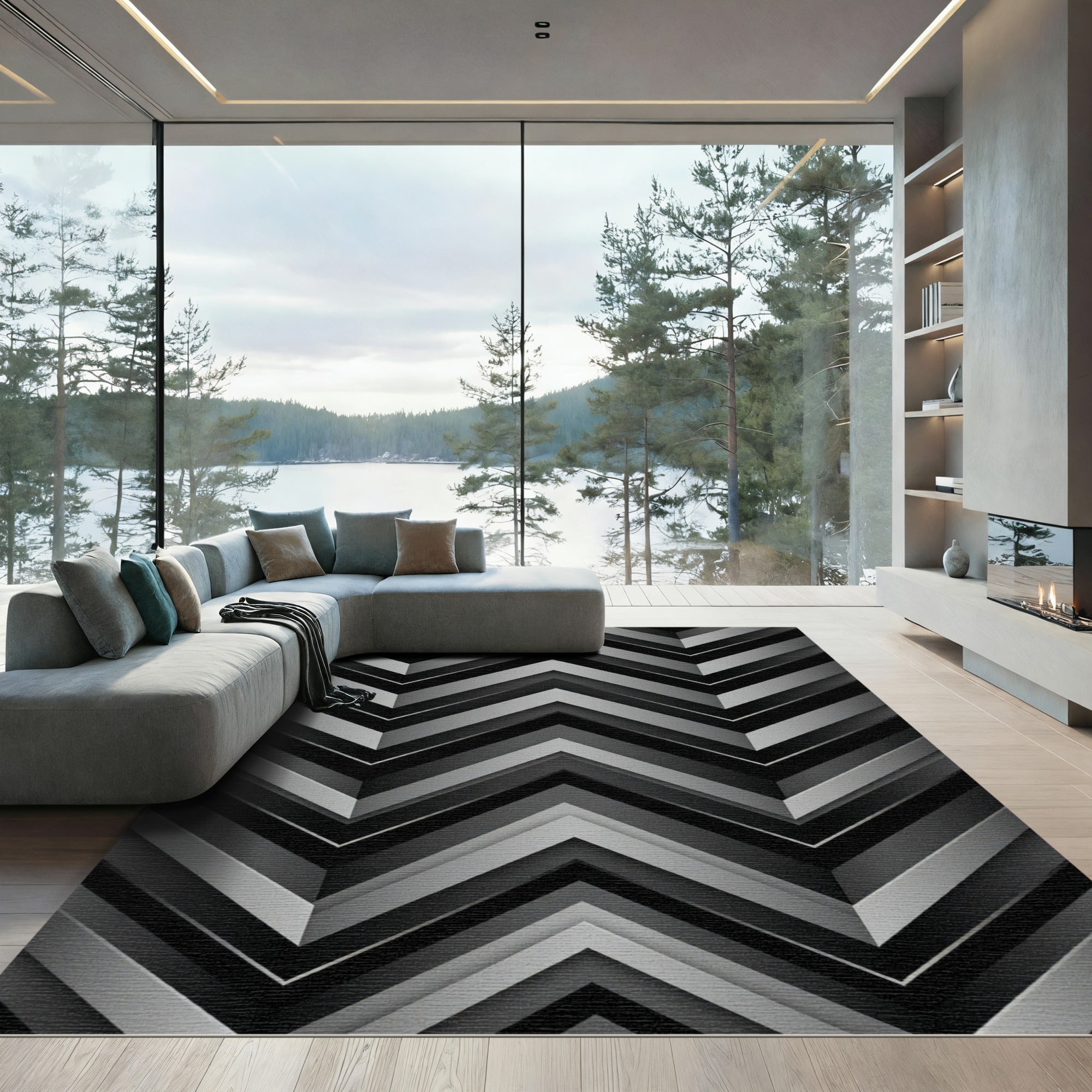 Monochromatic Geometric Chevron Metallic Art Rug