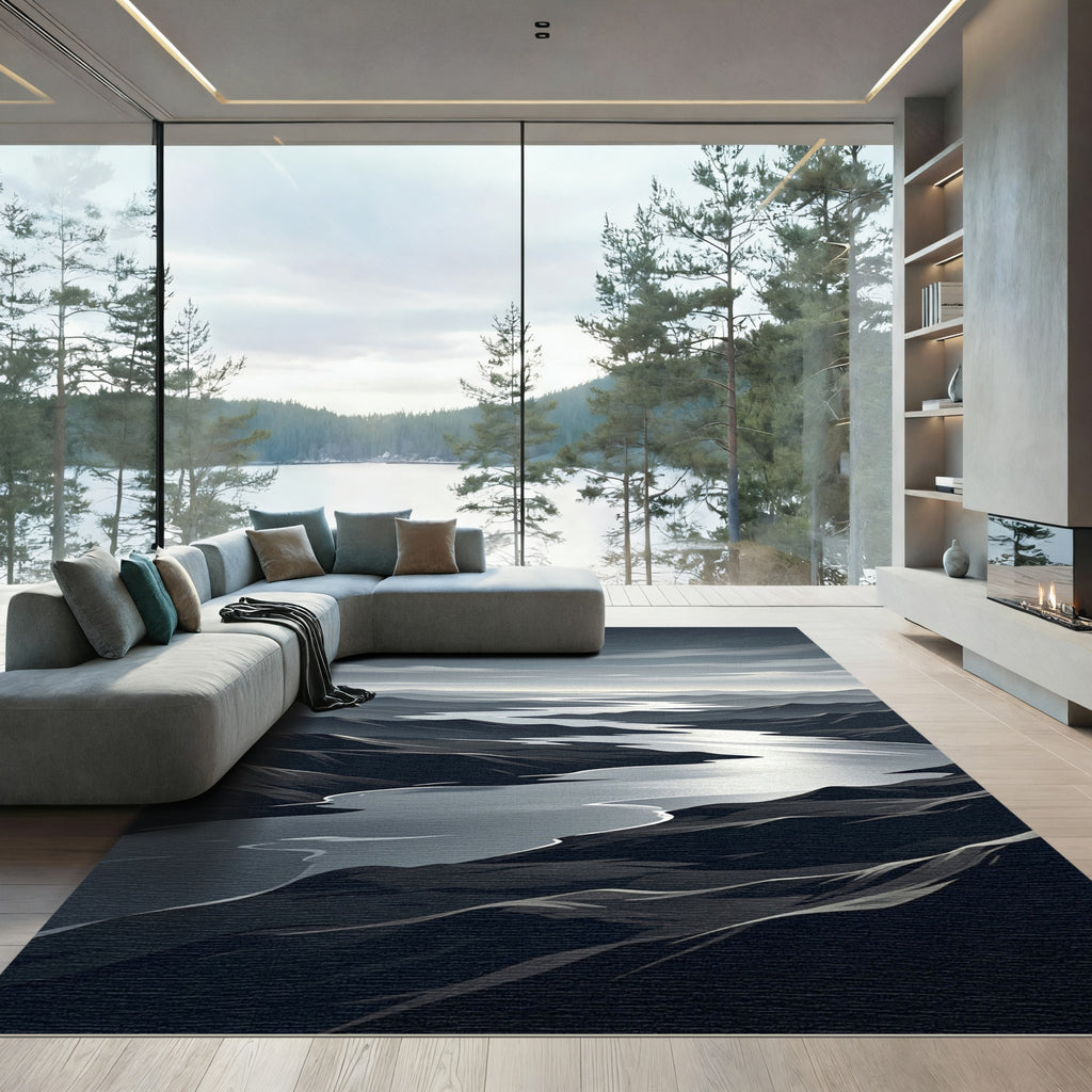 Monochromatic Mountain River Vista Landscape Rug