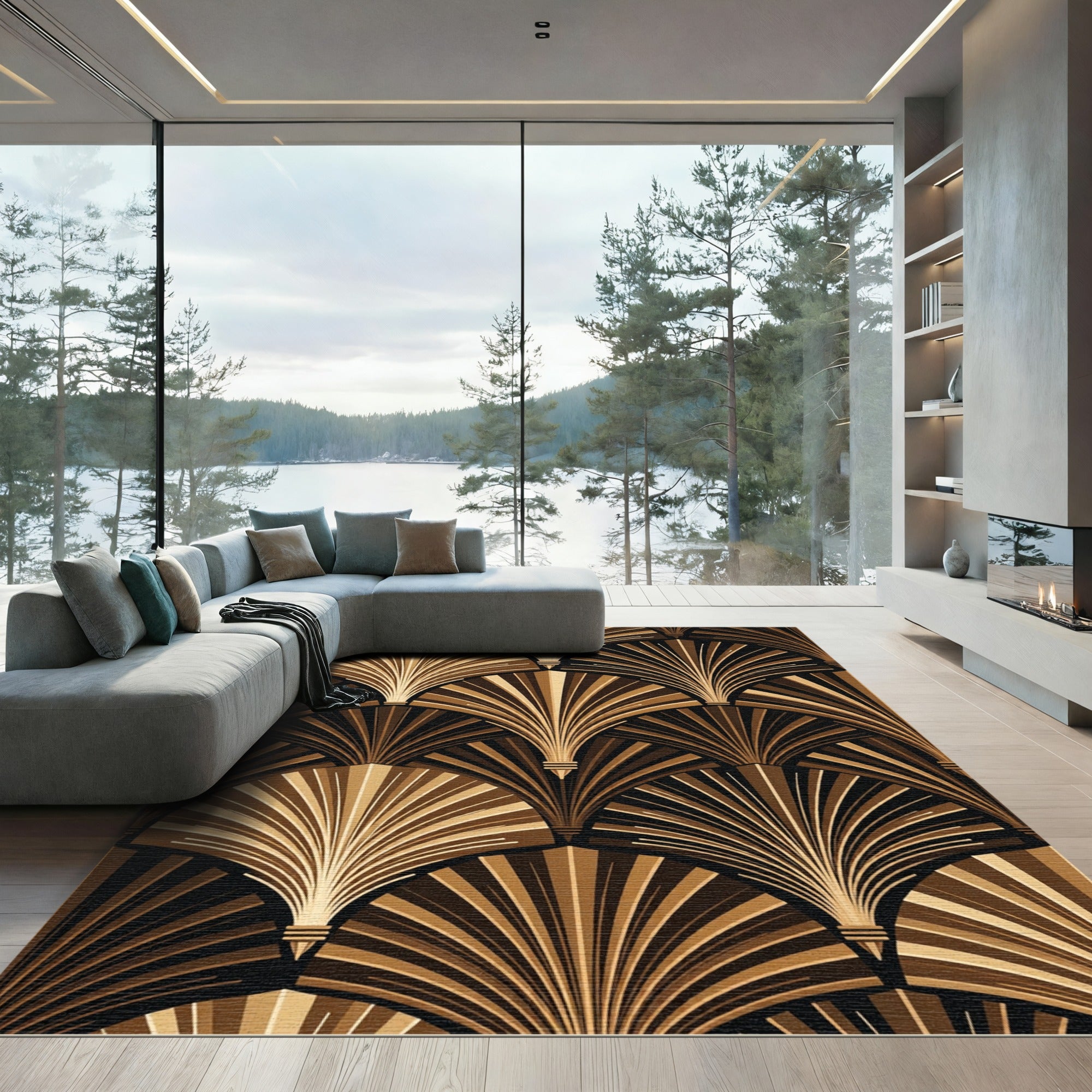 Gold Fan Abstract Geometric Repeating Rug
