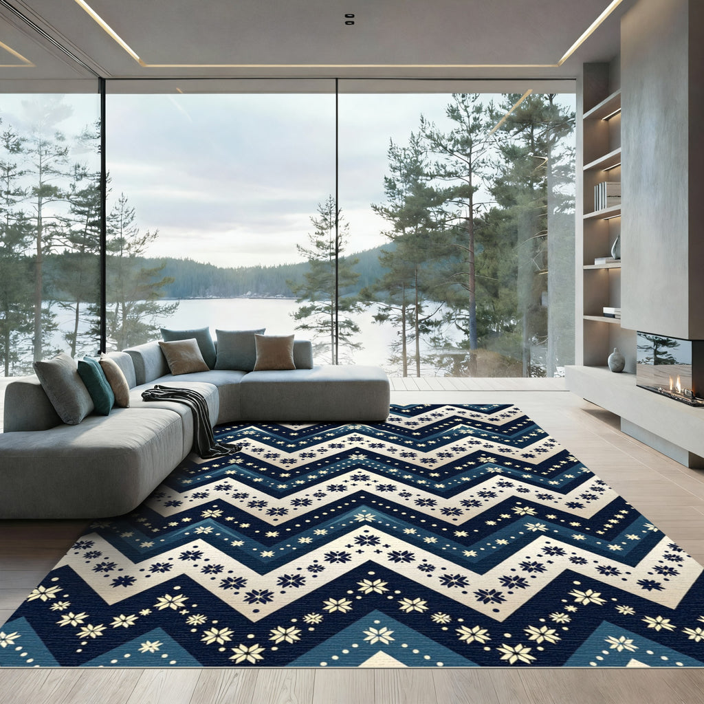 Nordic Indigo Chevron Snowflake Geometric Rug