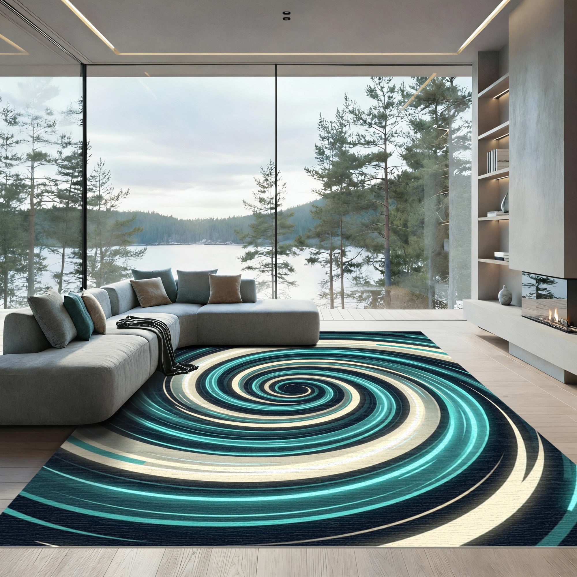 Luminous Teal and Cream Swirl Rug