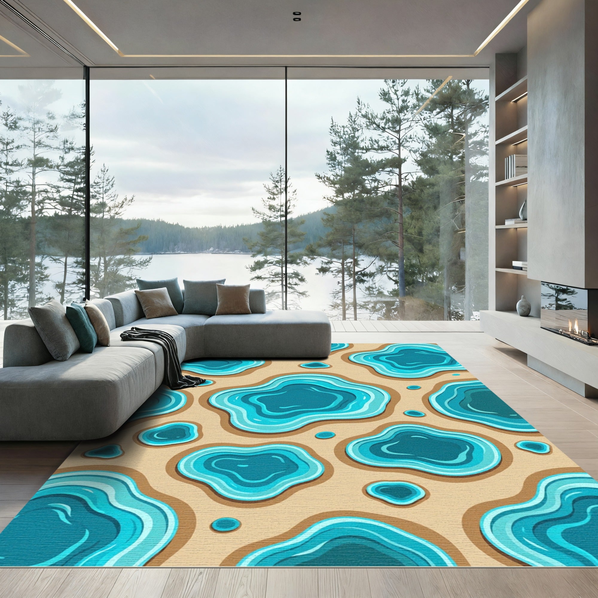 Abstract Teal Water Pond Ripples Rug