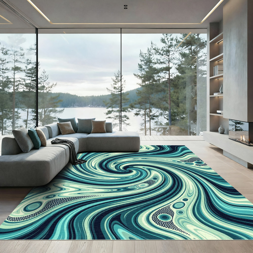 Abstract Teal Swirl Liquid Wave Rug